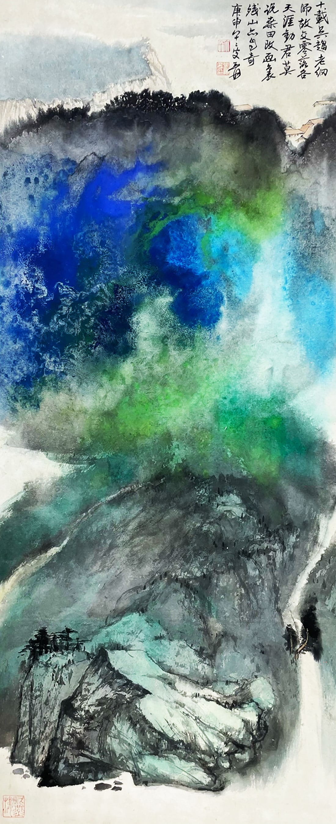 Zhang Daqian mark, Chinese Splashed Landscape painting. Ink and Color on Paper, Hanging Scroll: Zhang Daqian mark, Chinese Splashed Landscape painting. Ink and Color on Paper, Hanging Scroll (96 x 38cm)