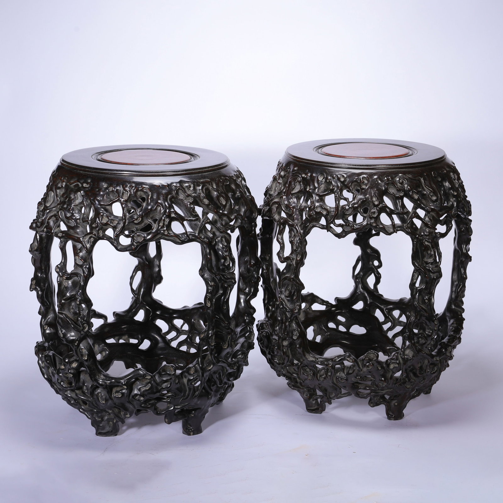 A Pair of Chinese Zitan Wood Drum Stools with Cherry Wood Inlay: A Pair of Chinese Zitan Wood Drum Stools with Cherry Wood Inlay (43cm)