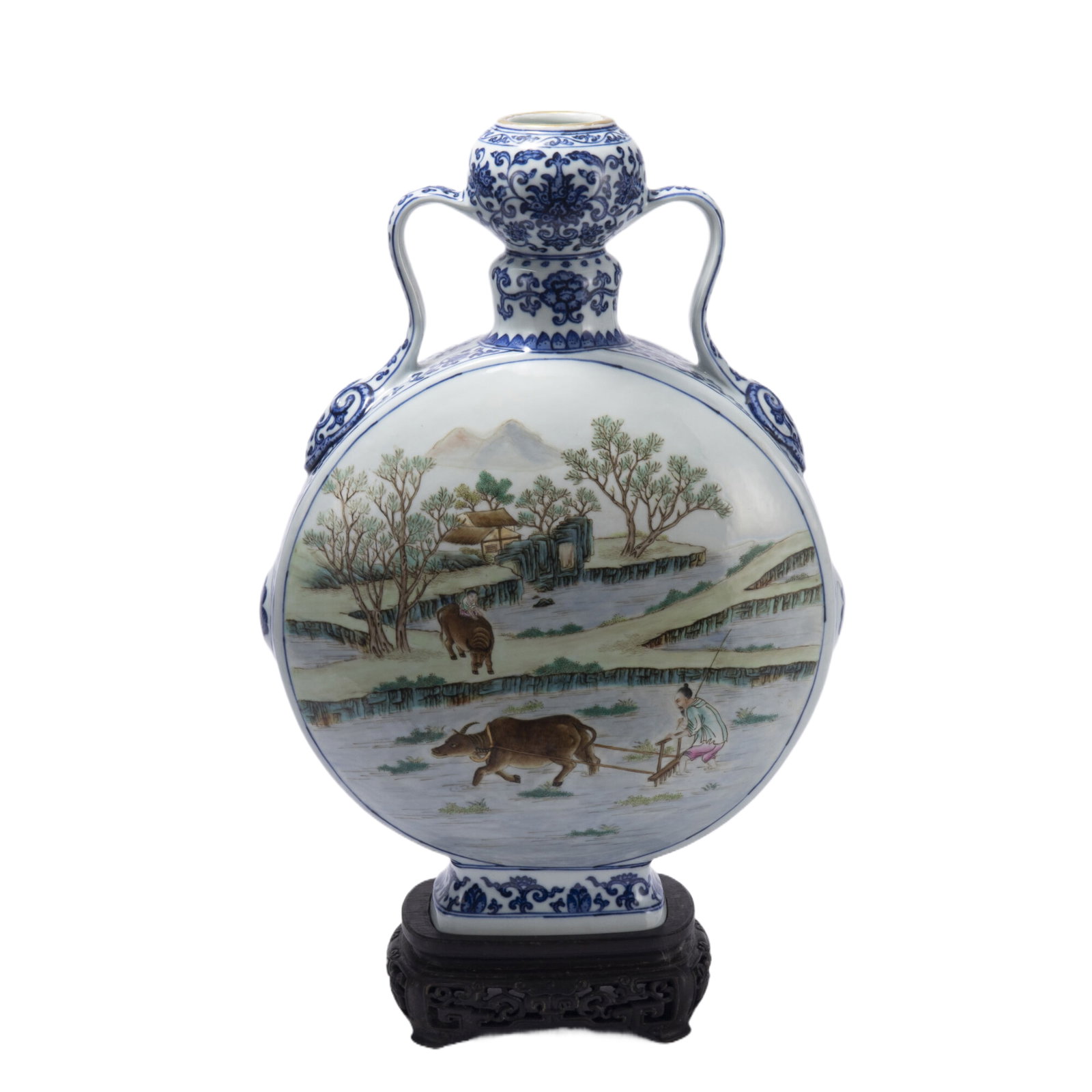 A FAMILLE ROSE PORCELAIN FLASK MOON VASE,QIANLONG: A FAMILLE ROSE PORCELAIN FLASK MOON VASE,QIANLONG (29 x 18.5 x 47cm,Weight 4570 grams)