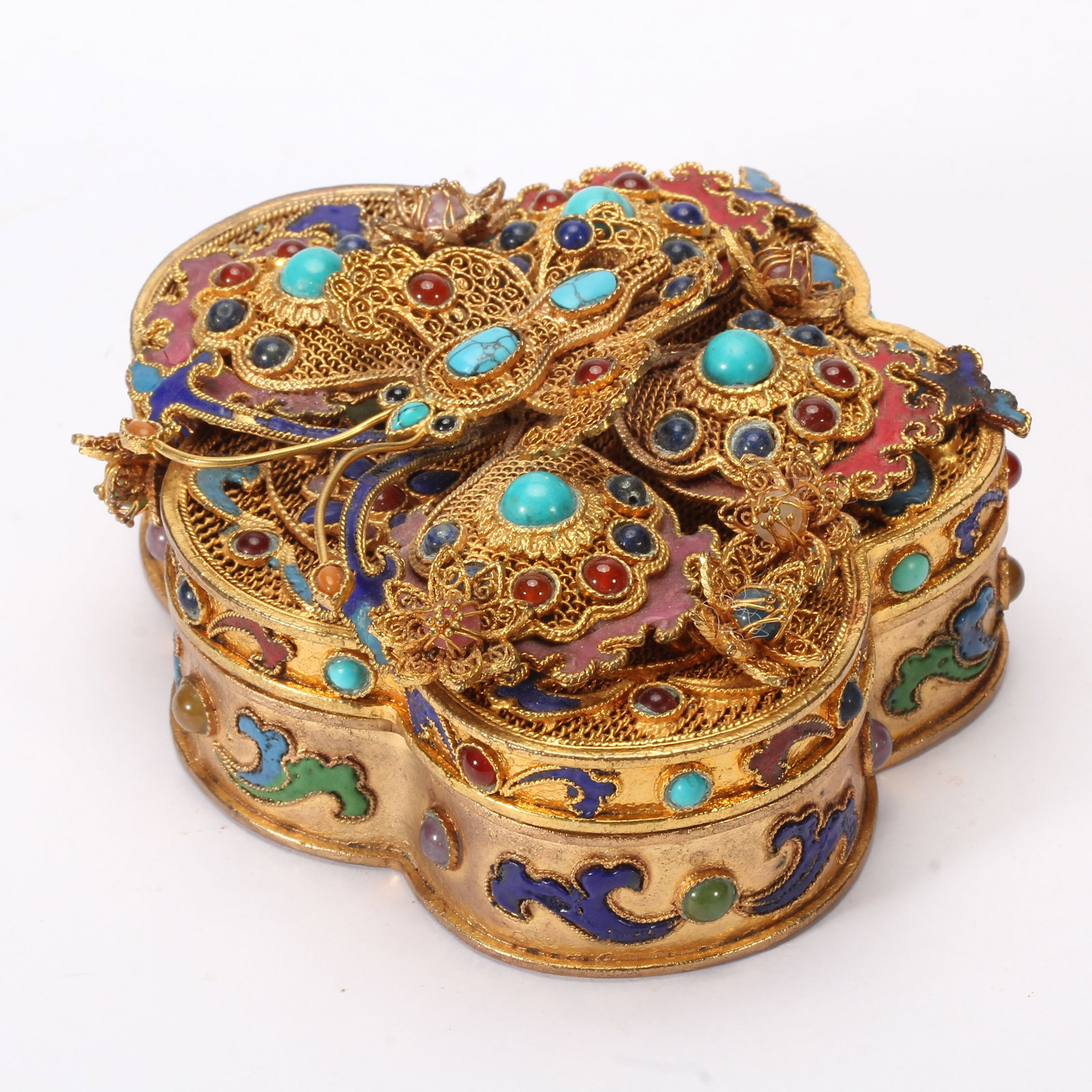 A Chinese Gilt Bronze Gem Inlaid Box: A Chinese Gilt Bronze Gem Inlaid Box (11.5 x 9.5 x 5cm,Weight 220 grams)