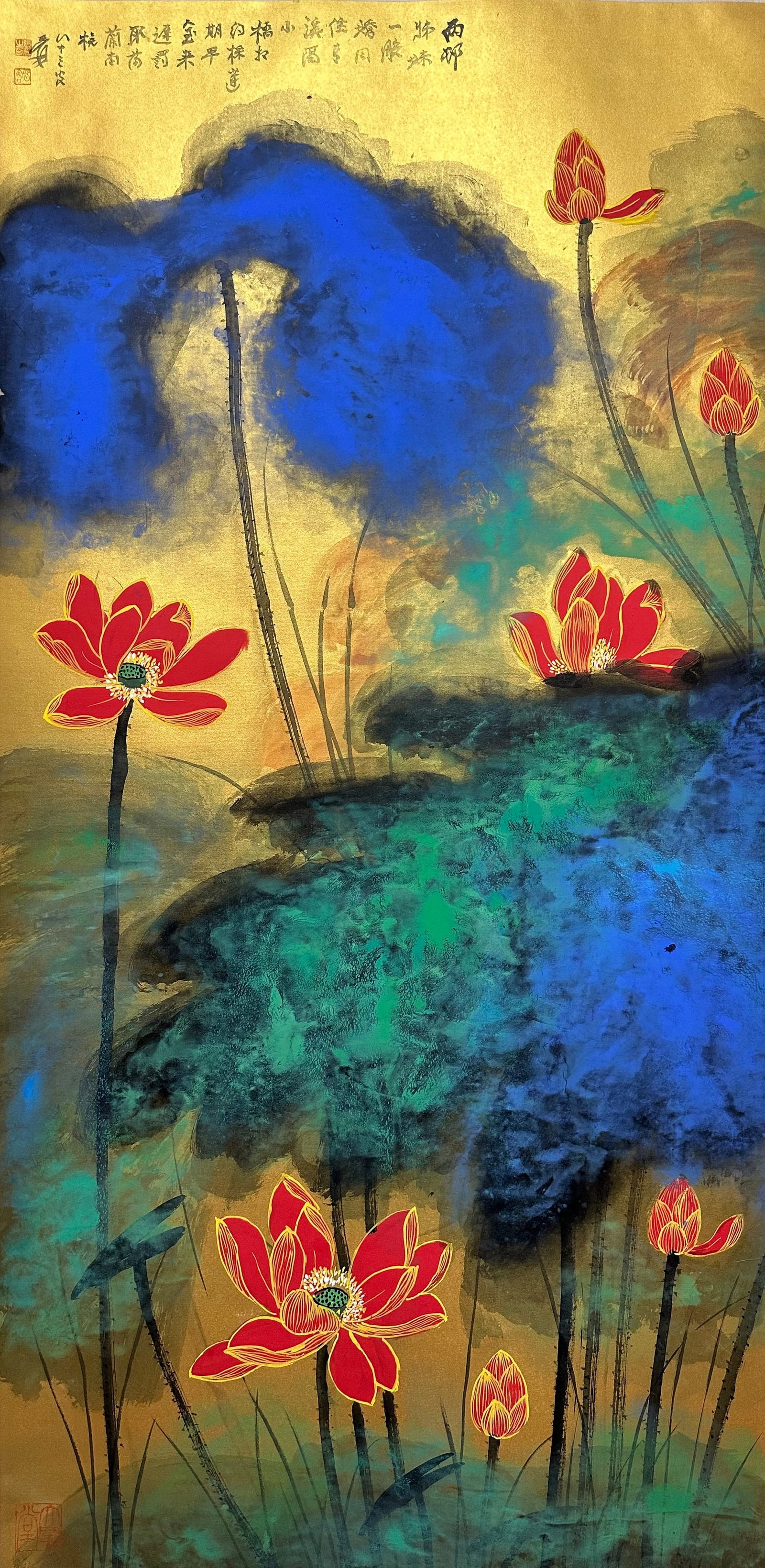 Zhang Daqian mark, Chinese Lotus Pond painting. Ink and Color on Paper, Hanging Scroll: Zhang Daqian mark, Chinese Lotus Pond painting. Ink and Color on Paper, Hanging Scroll (137 x 68cm)