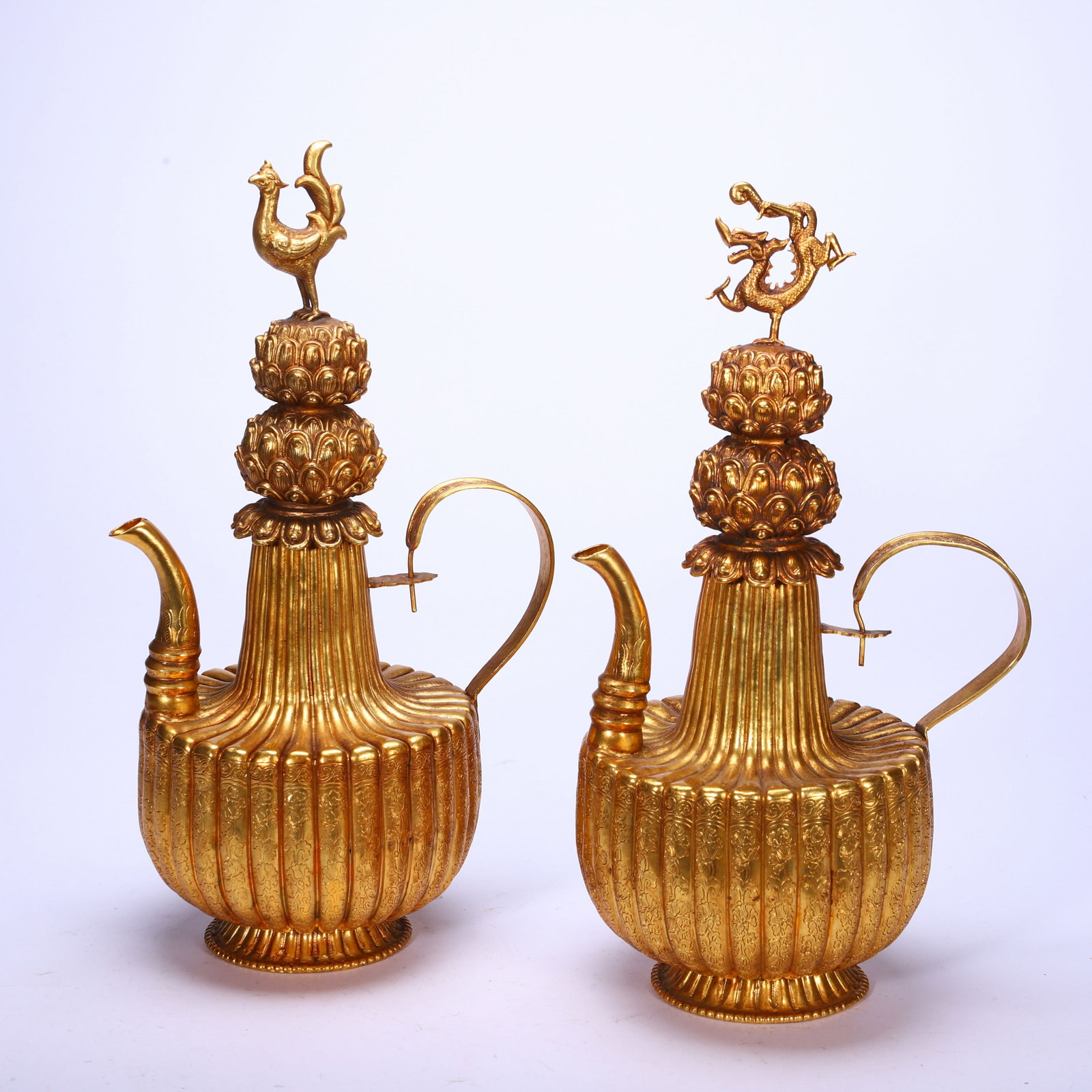 PAIR OF CHINESE GILT-BRONZE DRAGON & PHOENIX EWERS (1 of 9)