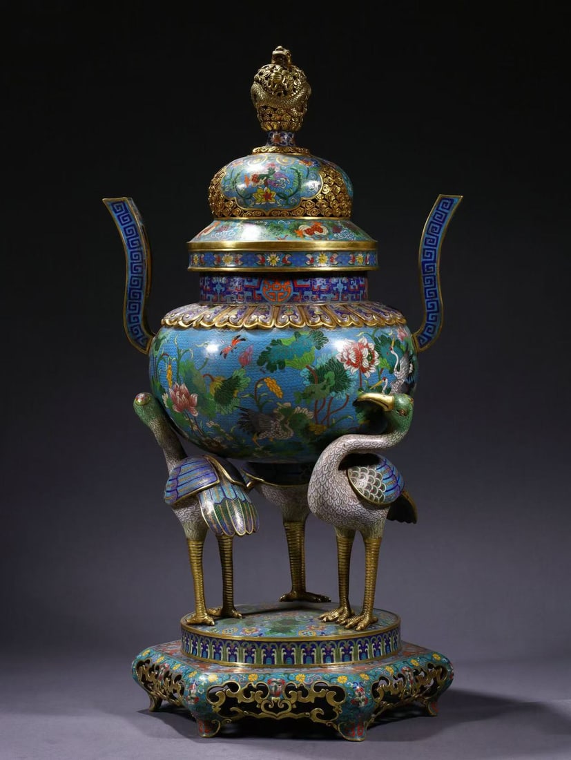 Bronze Cloisonne Carved Lotus Flower Pattern Crane Shape Double Ears Incense Burner: Bronze Cloisonne Carved Lotus Flower Pattern Crane Shape Double Ears Incense Burner ?78 x 41cm,25kg?