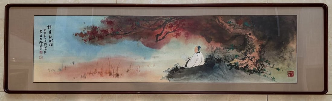 Chinese Drawing Colored Landscape and Character Painting Wood Frame,Zhang Daqian Mark: Chinese Drawing Colored Landscape and Character Painting Wood Frame,Zhang Daqian Mark (186 x 47cm)
