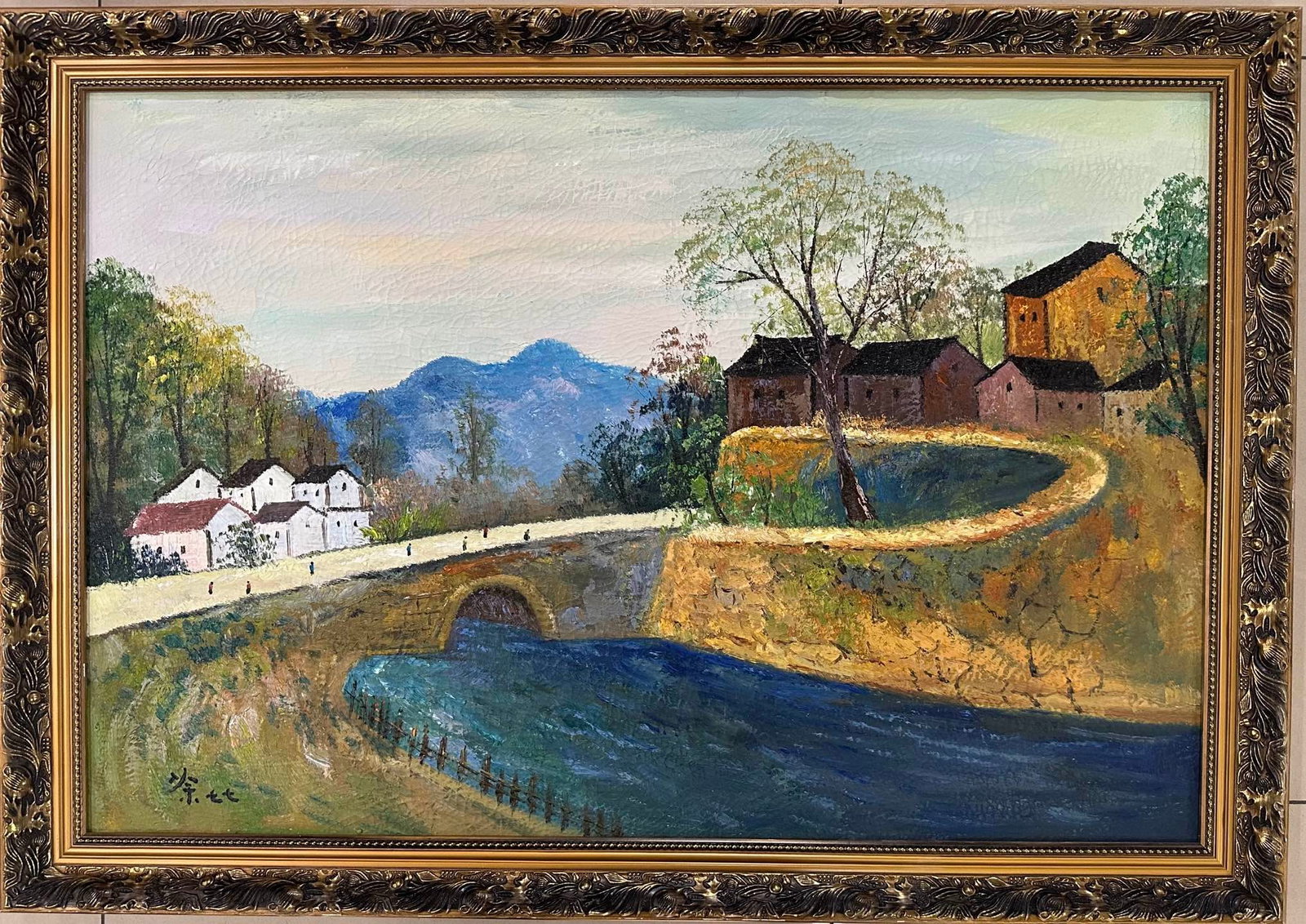 Chinese Drawing Landscape Oil Painting Wood Frame,Wu Guanzhong Mark: Chinese Drawing Landscape Oil Painting Wood Frame,Wu Guanzhong Mark (90 x 60cm)