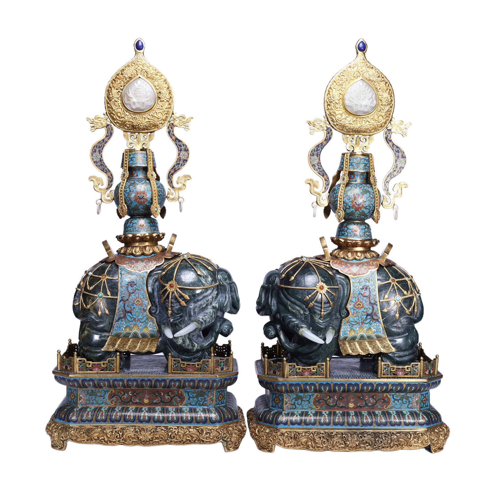 A Pair of Chinese Cloisonne Jade Elephant Ornaments: A Pair of Chinese Cloisonne Jade Elephant Ornaments (31 x 20 x 65cm)