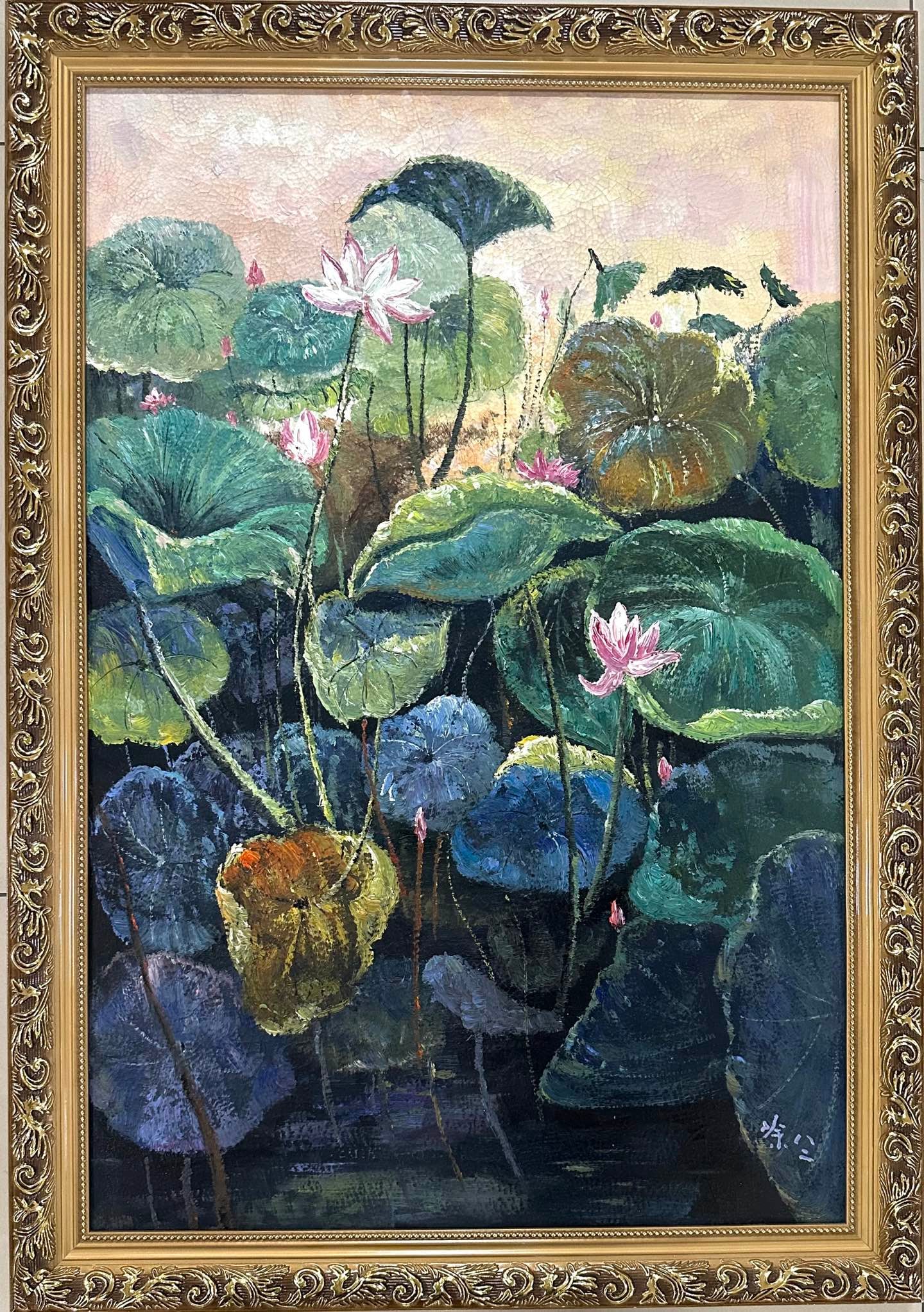 Chinese Drawing Lotus Flower Oil Painting Wood Frame,Wu Guanzhong Mark: Chinese Drawing Lotus Flower Oil Painting Wood Frame,Wu Guanzhong Mark (90 x 60cm)