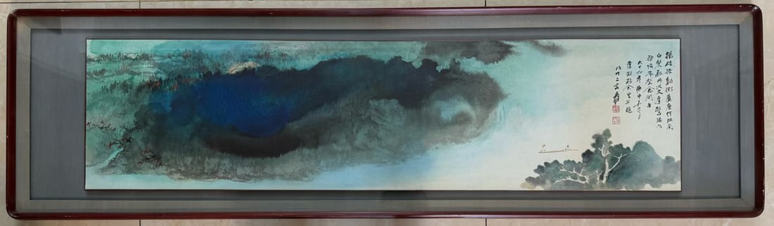 Chinese Drawing Colored Landscape Painting Wood Frame,Zhang Daqian Mark: Chinese Drawing Colored Landscape Painting Wood Frame,Zhang Daqian Mark ?169 x 48cm?