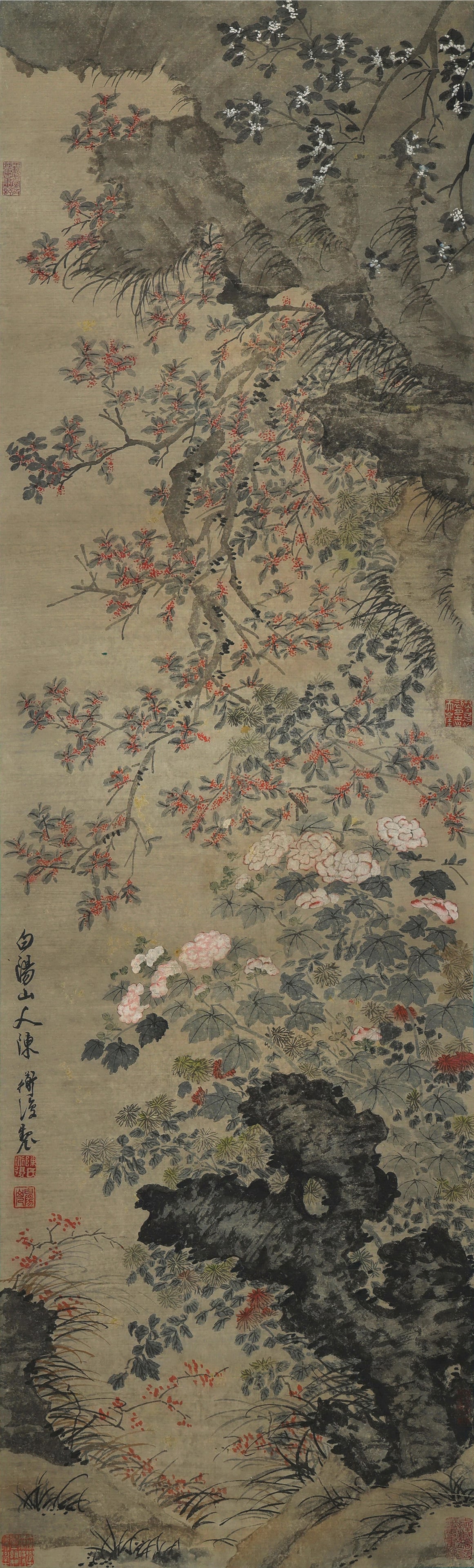 Chen Chun mark, Chinese Autumn Flower painting. Ink and Color on Paper, Hanging Scroll: Chen Chun mark, Chinese Autumn Flower painting. Ink and Color on Paper, Hanging Scroll (139 x 42cm)