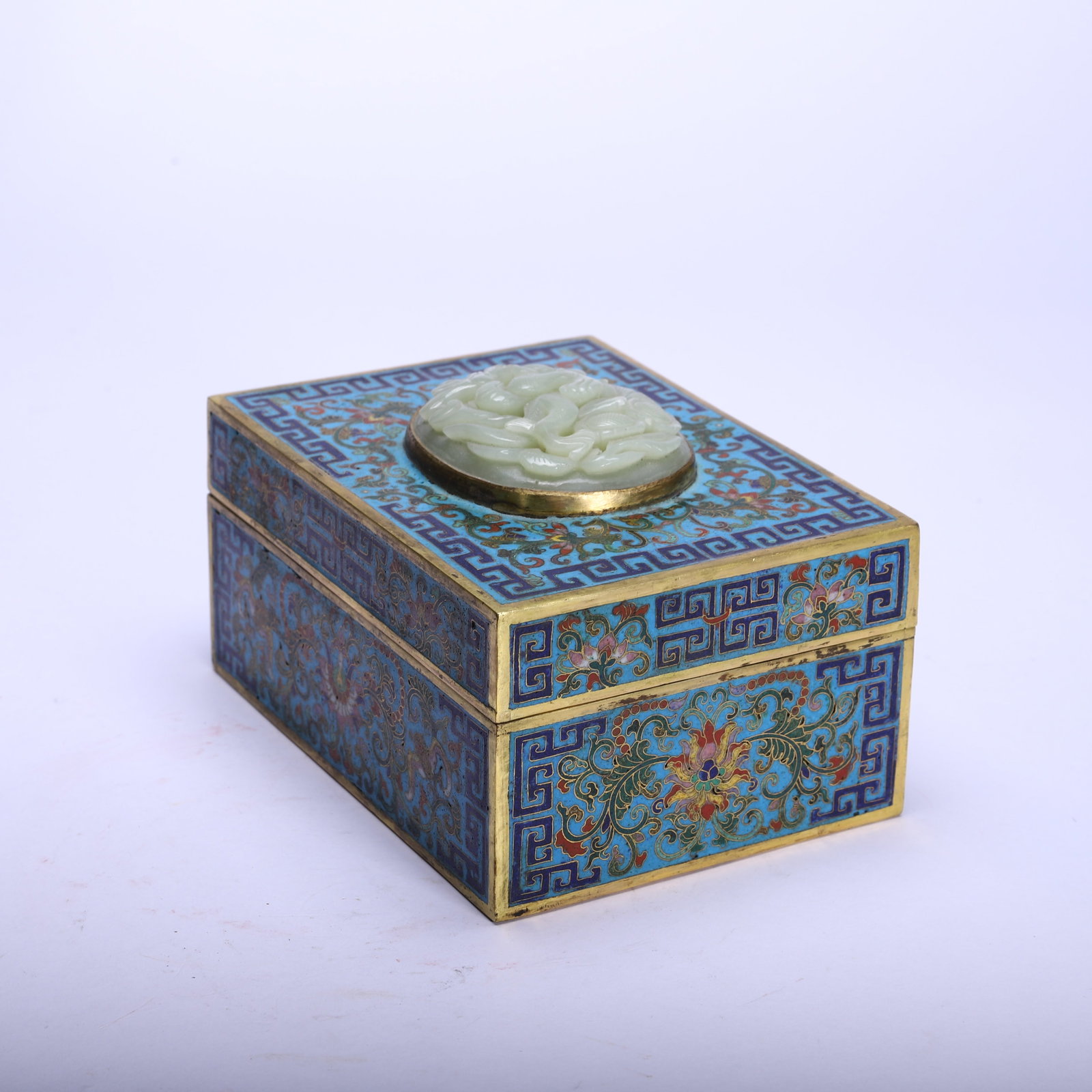 A Chinese Jade Inlaid Cloisonne Box: A Chinese Jade Inlaid Cloisonne Box (16.3 x 12 x 8cm)