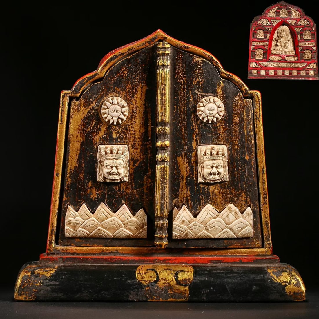 Wood Gold Drawing Inlaid Ox Bone Carved Mahakala Pattern Buddha Niche (1 of 8)