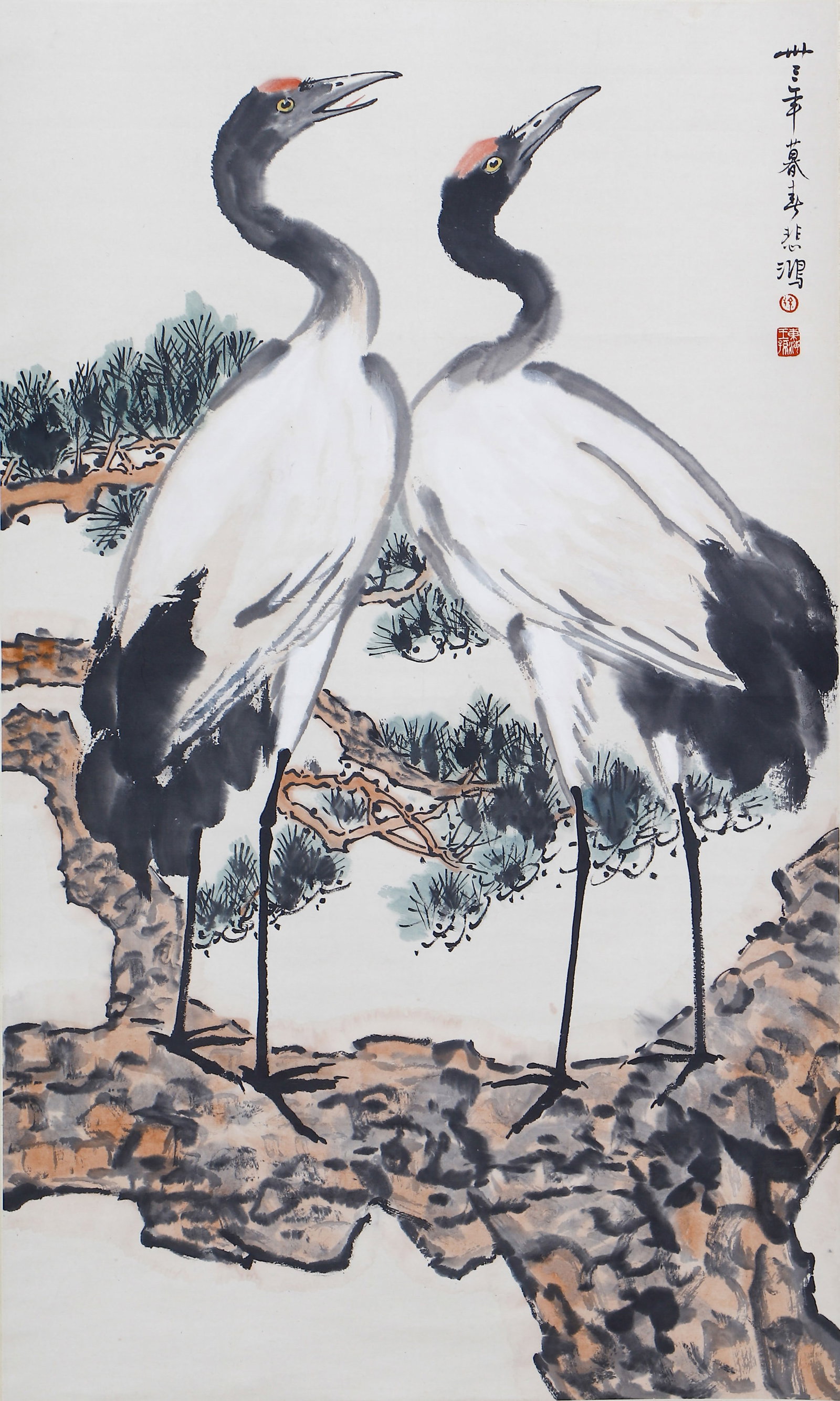 A CHINESE PAINTING OF PINES AND CRANES, SIGNED XU BEIHONG: A CHINESE PAINTING OF PINES AND CRANES, SIGNED XU BEIHONG (102 x 61cm)