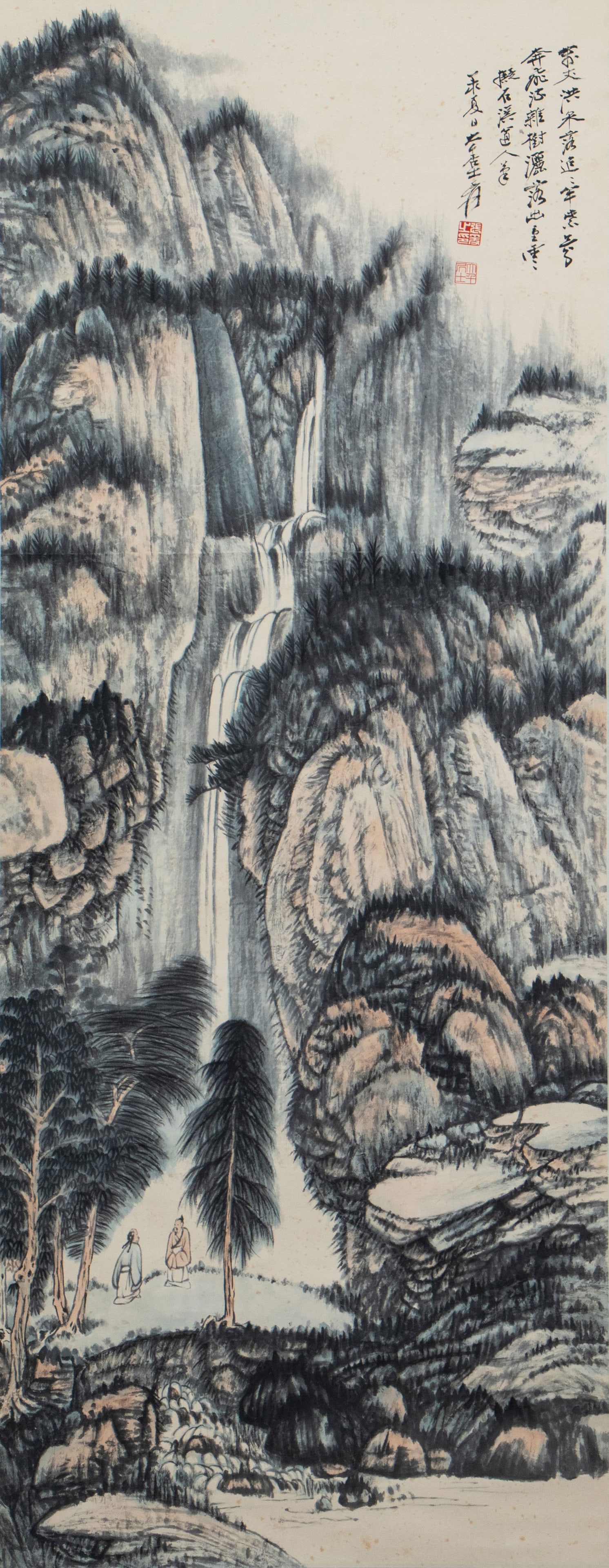A CHINESE PAINTING OF WATERFALL LANDSCAPE, SIGNED ZHANG DAQIAN: A CHINESE PAINTING OF WATERFALL LANDSCAPE, SIGNED ZHANG DAQIAN (139 x 53cm)