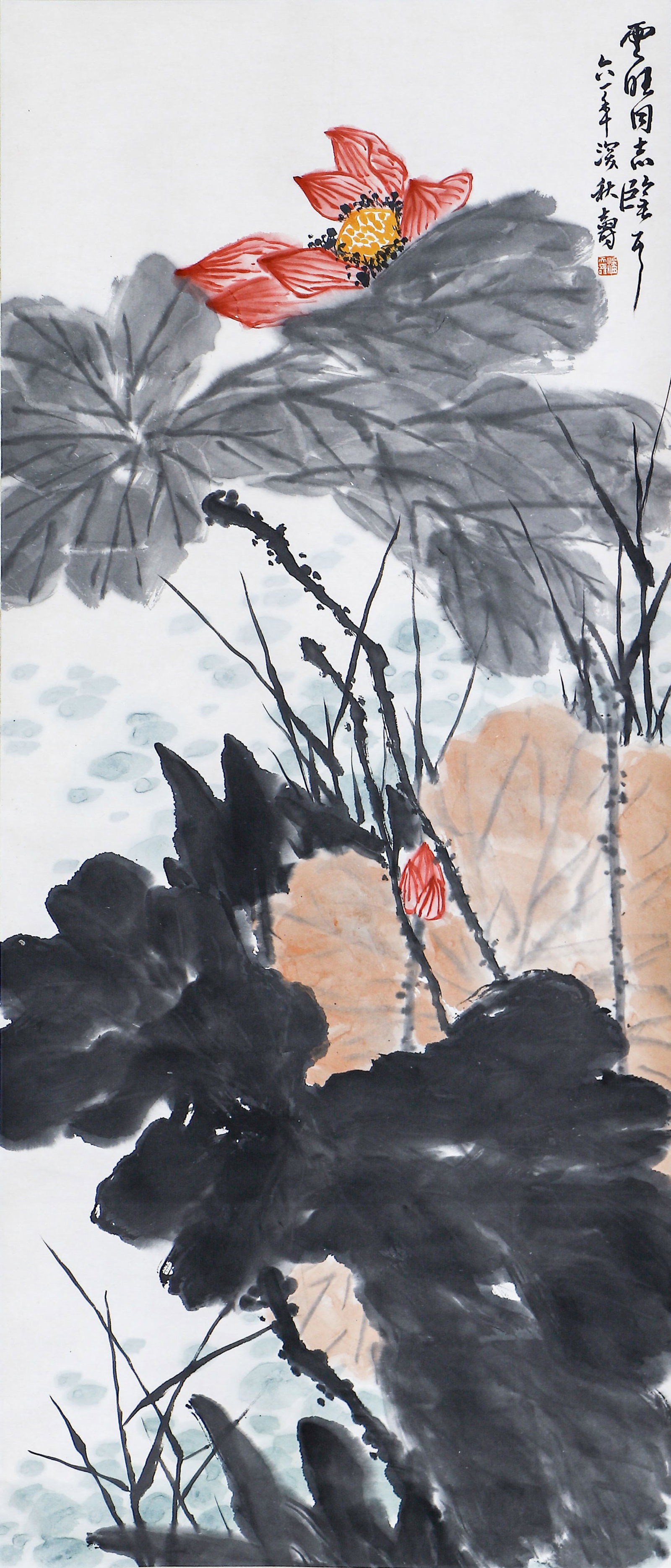 A CHINESE PAINTING OF LOTUS, SIGNED PAN TIANSHOU: A CHINESE PAINTING OF LOTUS, SIGNED PAN TIANSHOU (135 x 57cm)
