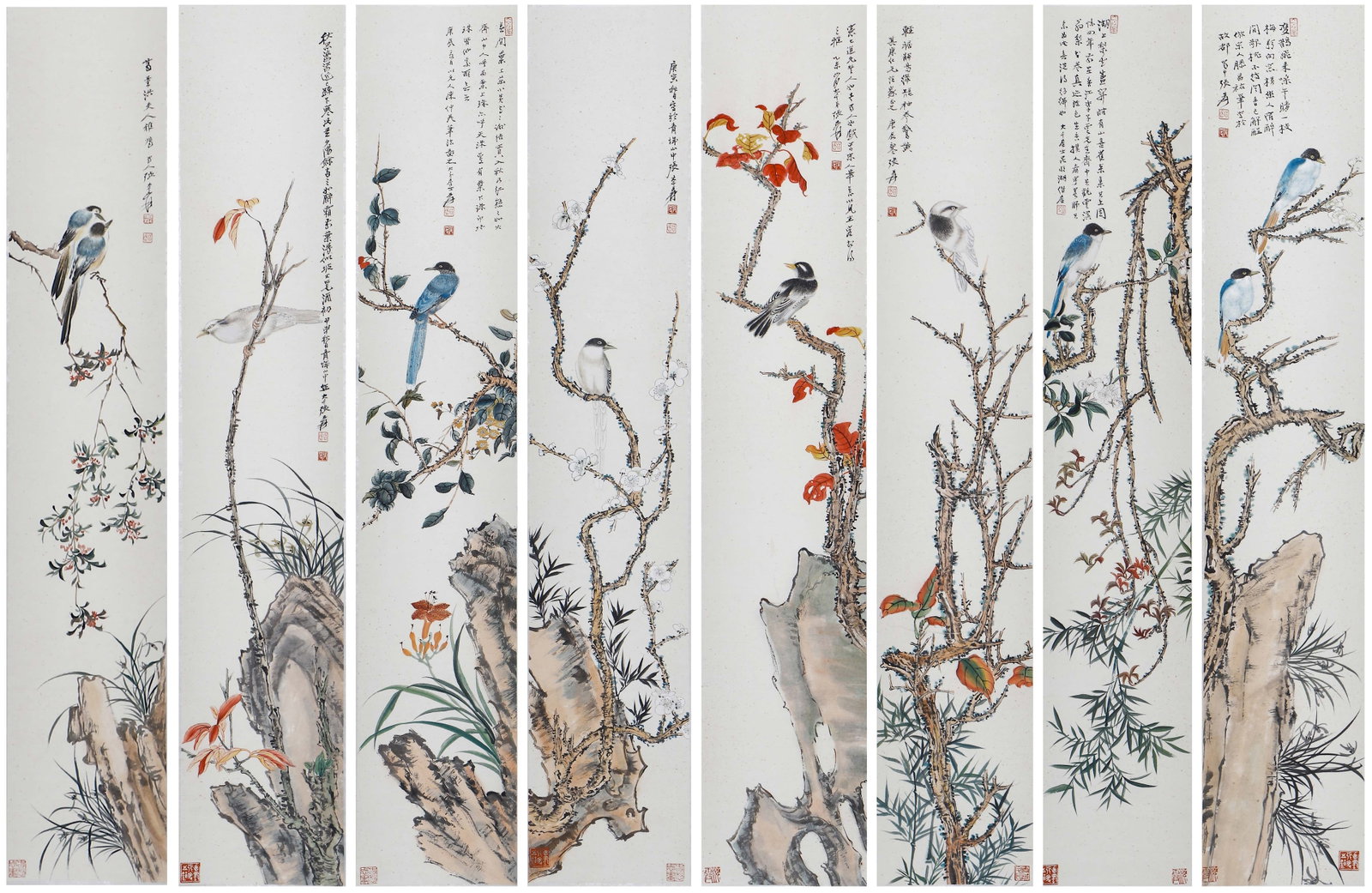 A CHINESE PAINTING OF FLOWERS AND BIRDS, SIGNED ZHANG DAQIAN: A CHINESE PAINTING OF FLOWERS AND BIRDS, SIGNED ZHANG DAQIAN (100 x 25cm)