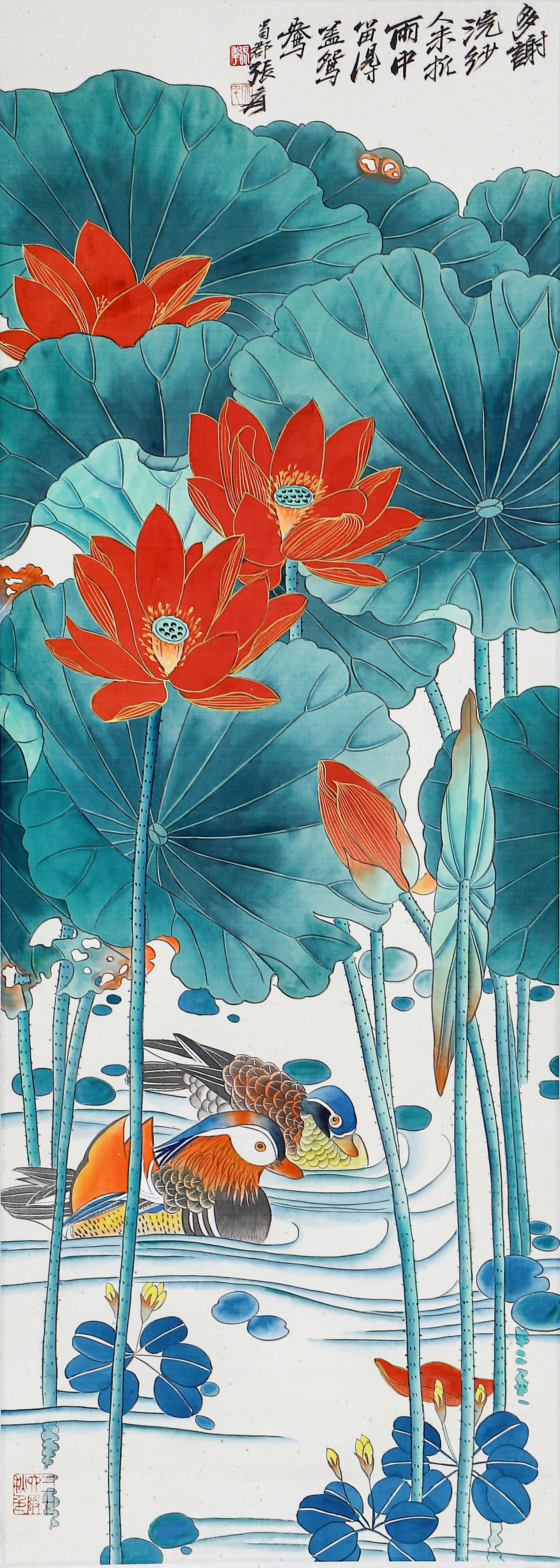 A CHINESE PAINTING OF LOTUS AND MANDARIN DUCKS, SIGNED ZHANG DAQIAN: A CHINESE PAINTING OF LOTUS AND MANDARIN DUCKS, SIGNED ZHANG DAQIAN (147 x 57cm)