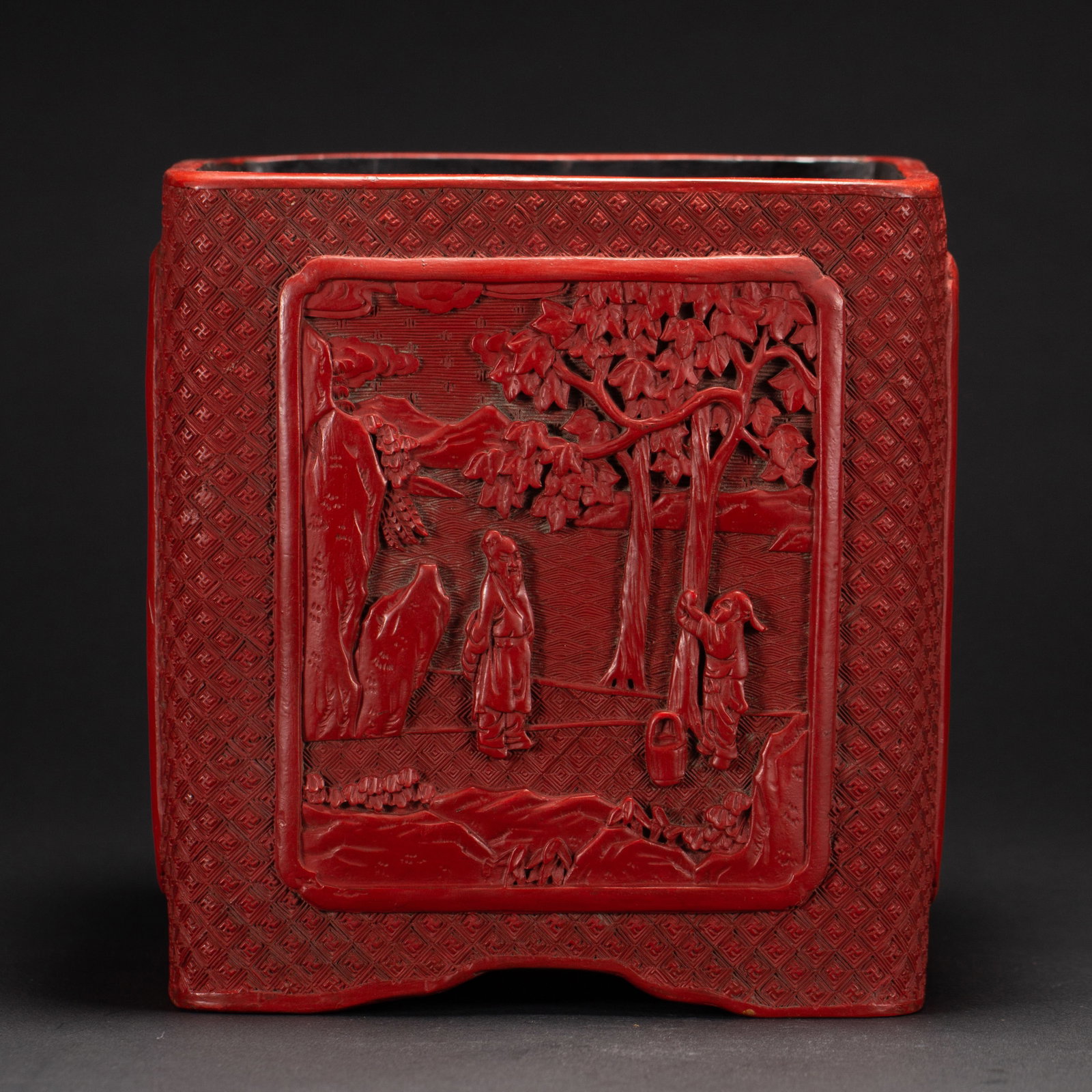 A Chinese Carved Red Lacquer Brush Pot: A Chinese Carved Red Lacquer Brush Pot (17 x 16 x 18cm,Weight 1420 grams)