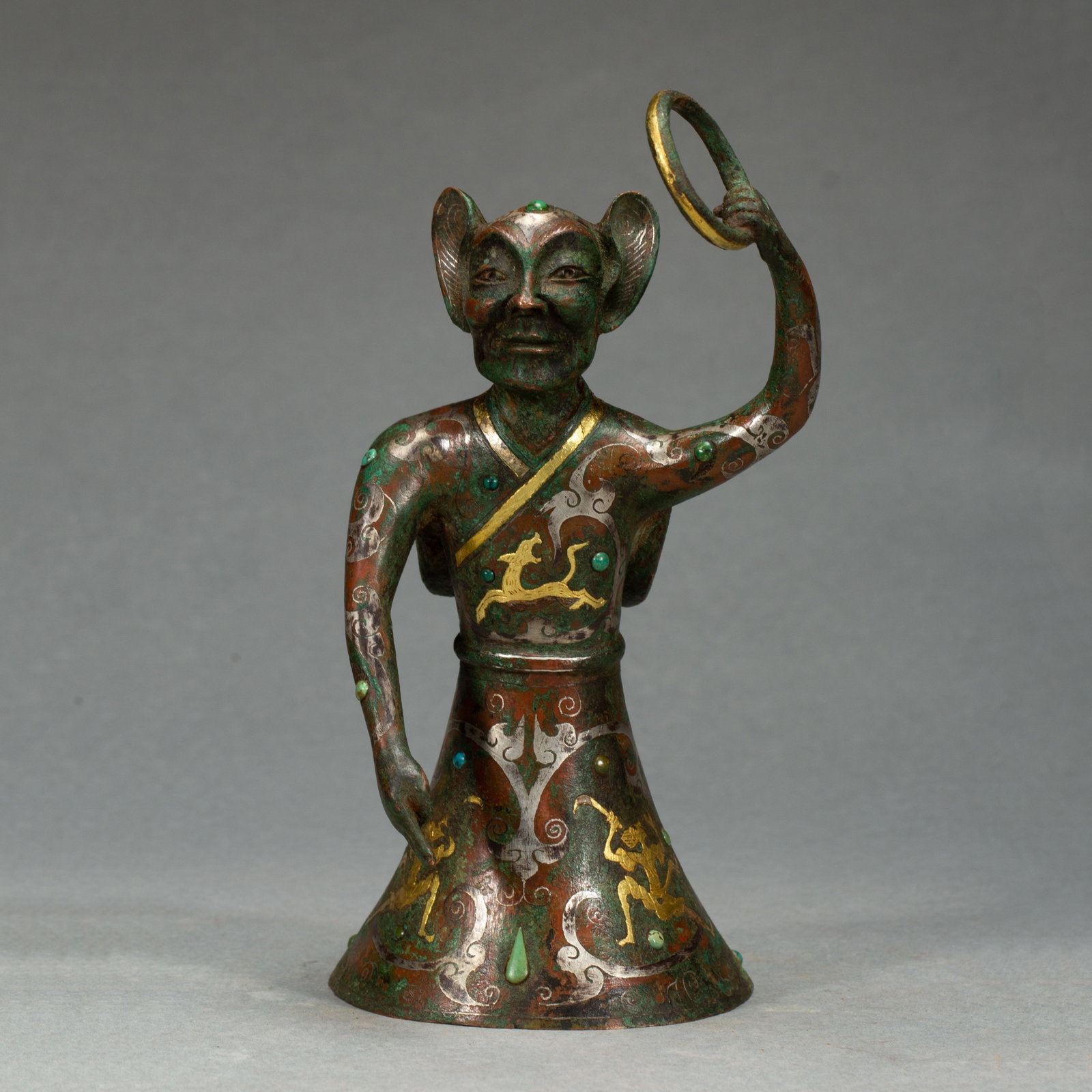 A Chinese Gold & Silver Inlaid Bronze Figure: A Chinese Gold & Silver Inlaid Bronze Figure (13 x 10 x 18.5cm,Weight 660 grams)