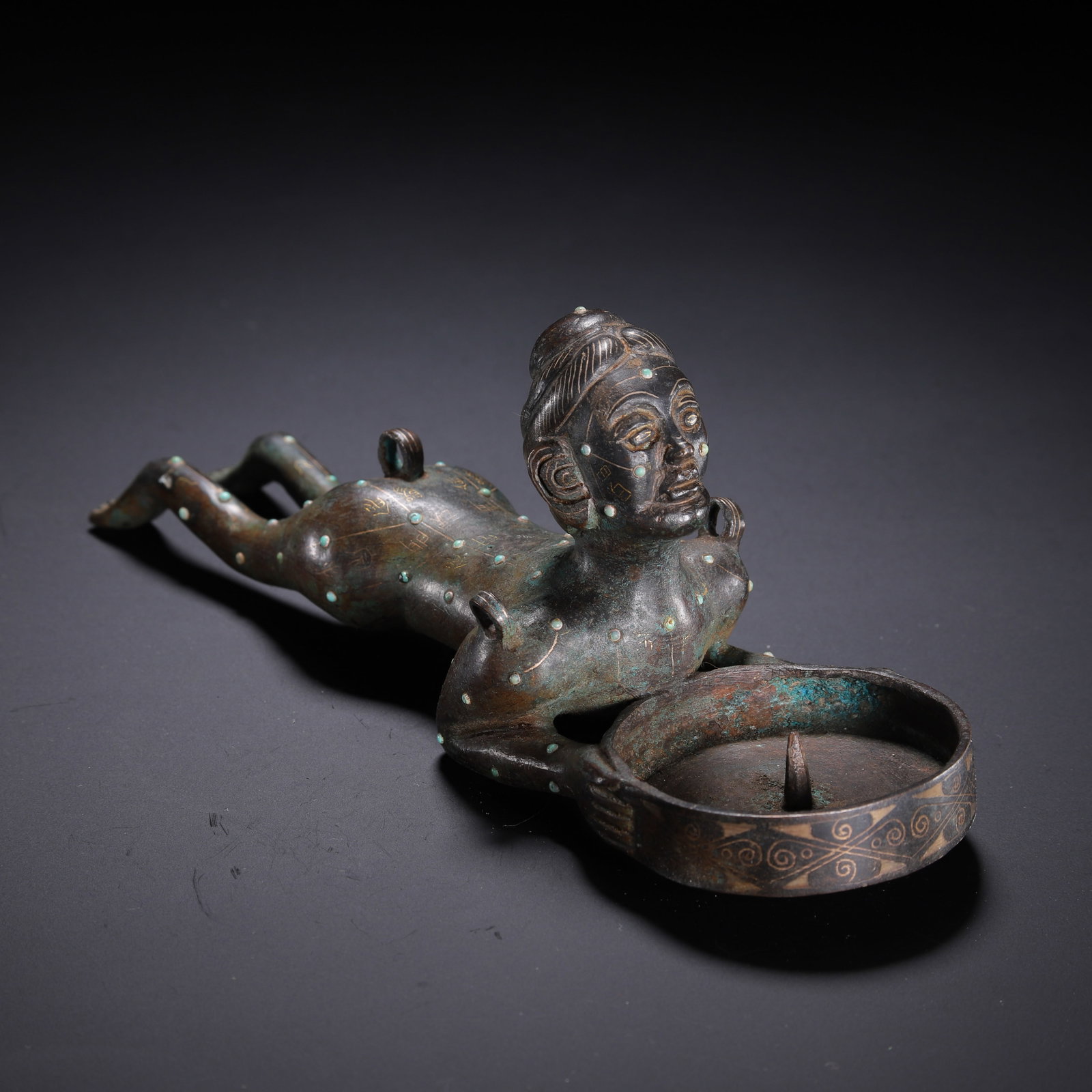 Chinese Inlaid Bronze Figural Candle Holder: Chinese Inlaid Bronze Figural Candle Holder (20.5 x 6.5 x 8cm,Weight 500 grams)