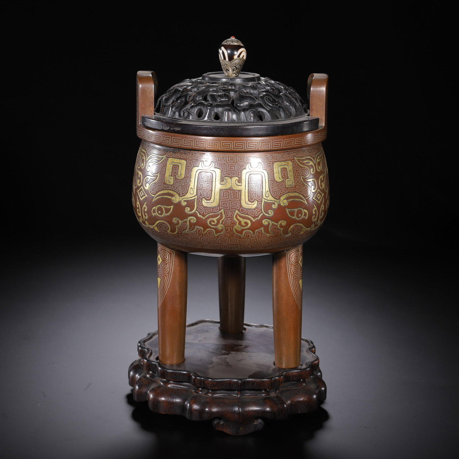 Chinese Bronze Incense Burner with Gilt Inlay (1 of 9)