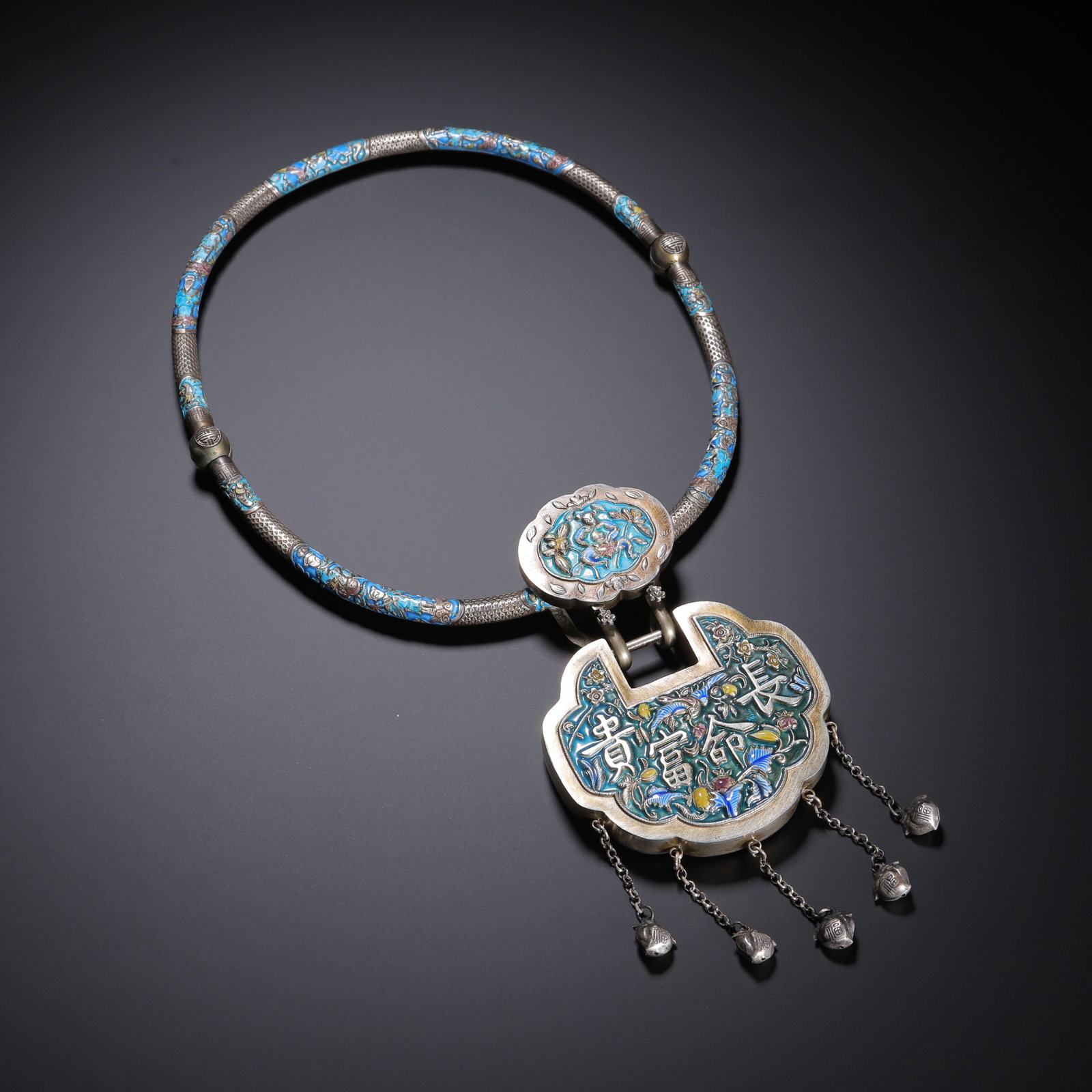 CHINESE SILVER ENAMEL LONGEVITY LOCK NECKLACE (1 of 9)