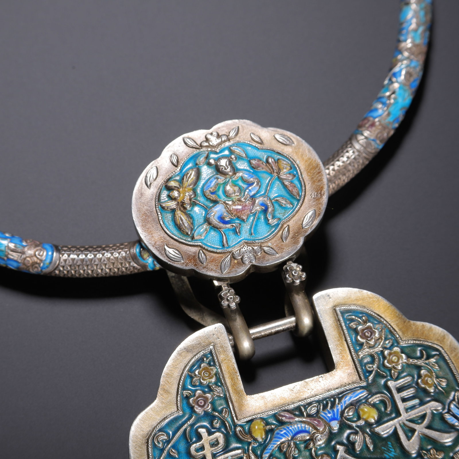 CHINESE SILVER ENAMEL LONGEVITY LOCK NECKLACE - 5