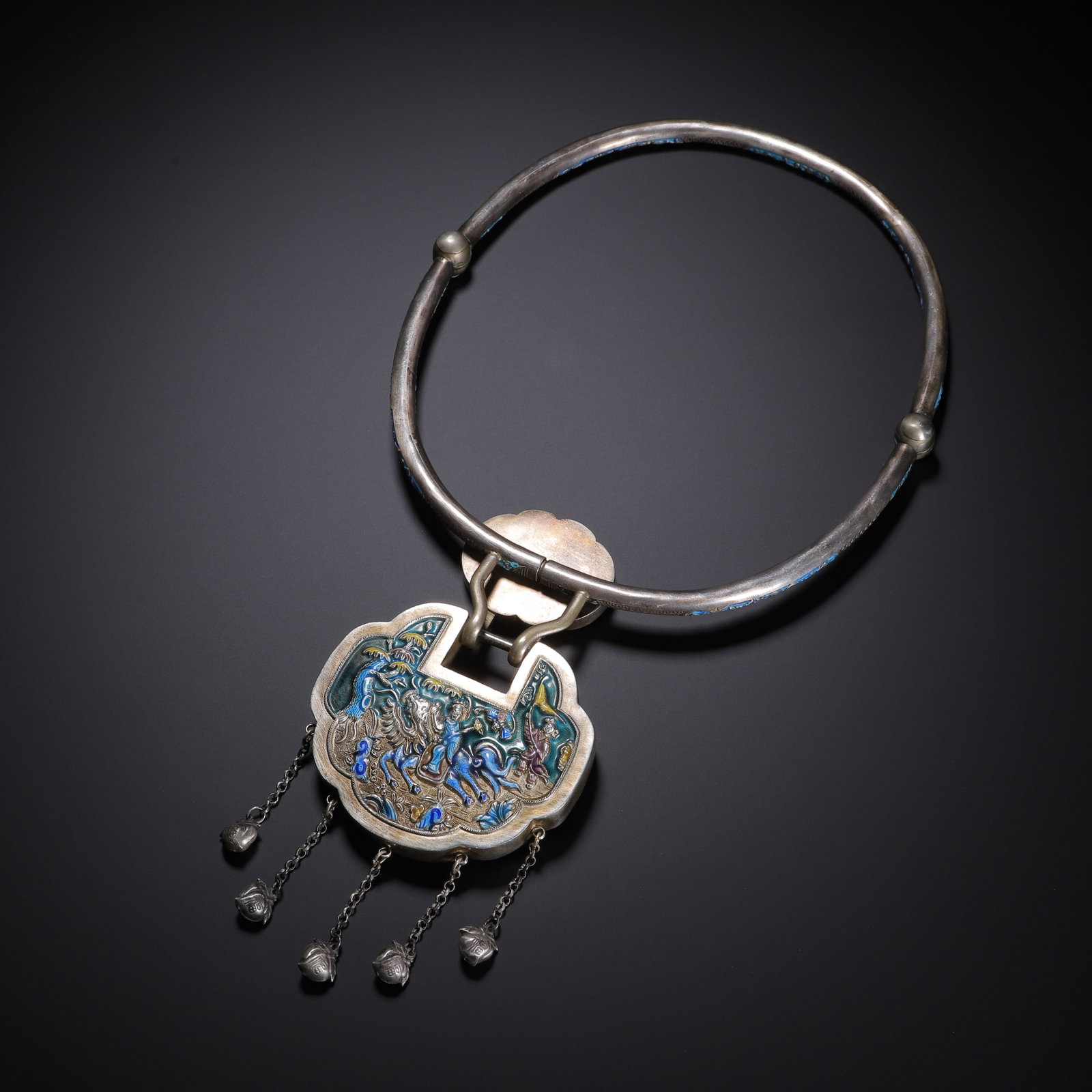 CHINESE SILVER ENAMEL LONGEVITY LOCK NECKLACE - 8