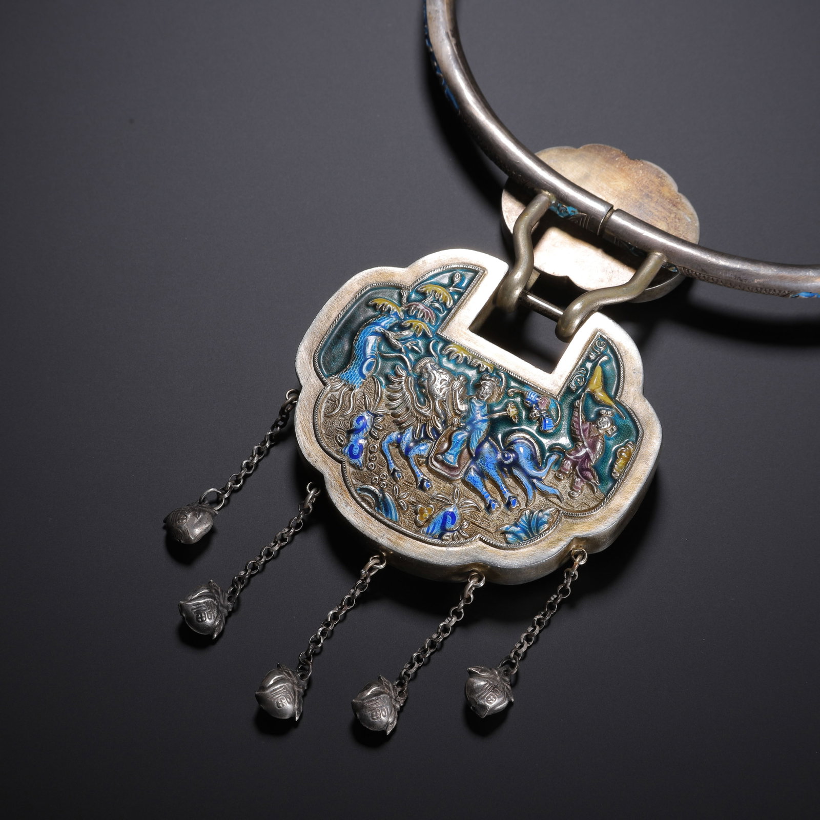 CHINESE SILVER ENAMEL LONGEVITY LOCK NECKLACE - 9