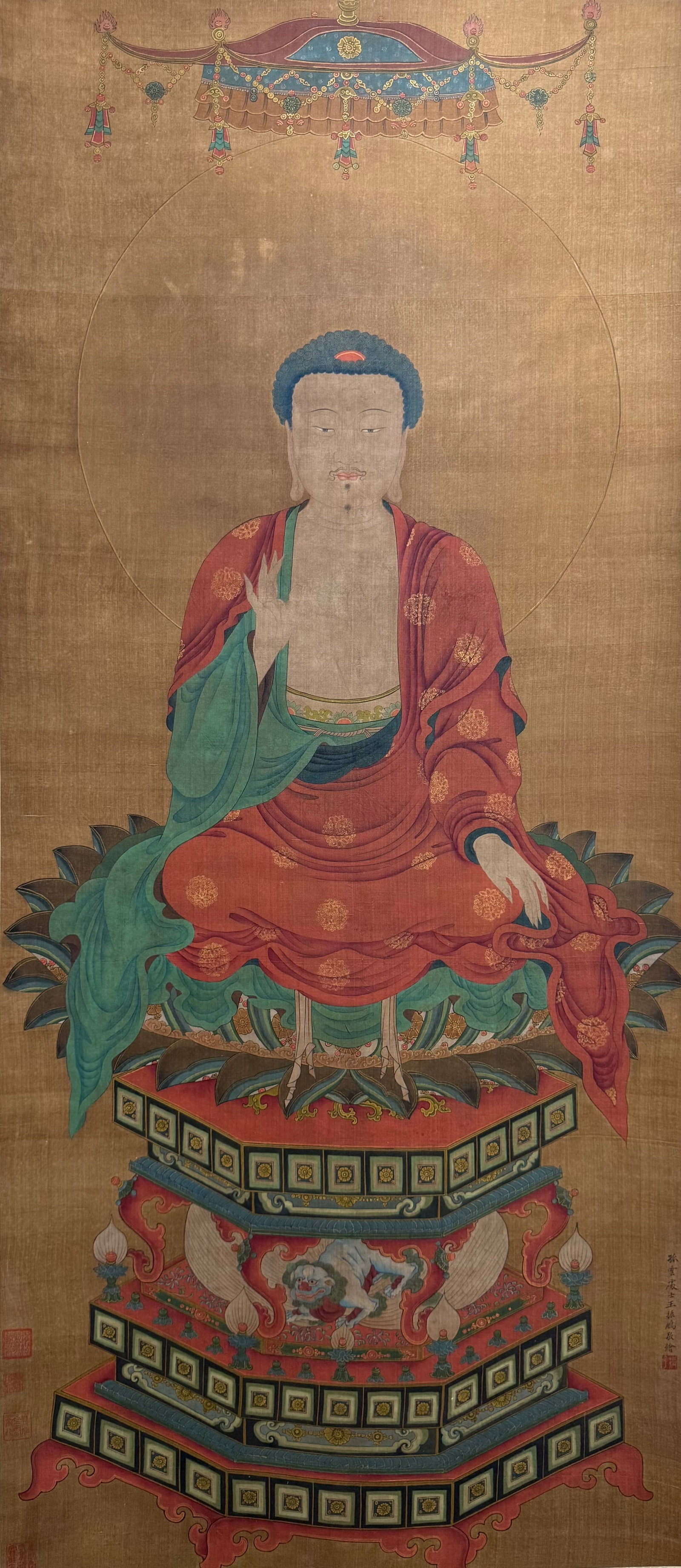 Wang Zhenpeng mark, Chinese Shakyamuni painting. Ink and Color on Silk, Hanging Scroll: Wang Zhenpeng mark, Chinese Shakyamuni painting. Ink and Color on Silk, Hanging Scroll (159 x 69cm)