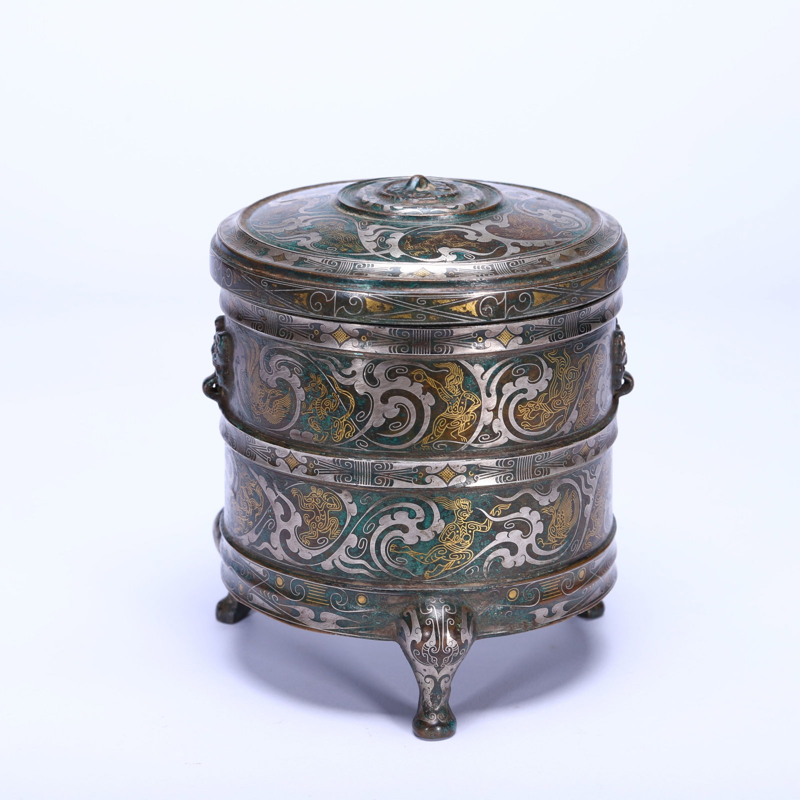 Chinese Gold and Silver Inlaid Bronze Lidded Box: Chinese Gold and Silver Inlaid Bronze Lidded Box (12.5 x 12.5 x 14.5cm,Weight 1700 grams)