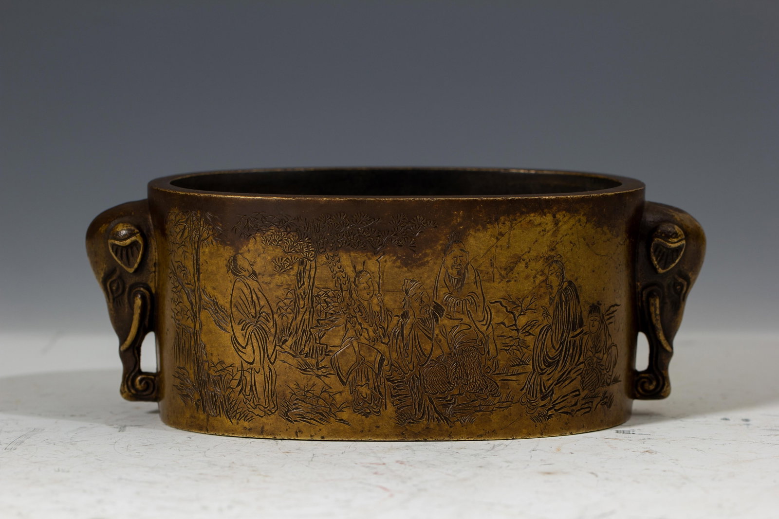 A Chinese Bronze Censer with Elephant Handles: A Chinese Bronze Censer with Elephant Handles (18.5 x 10 x 7cm,Weight 1710 grams)