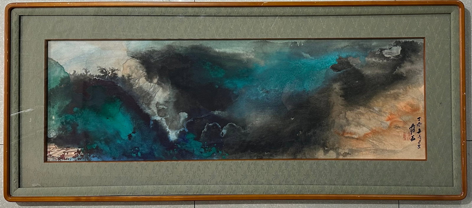 Chinese Drawing Colored Landscape Painting Wood Frame,Zhang Daqian Mark: Chinese Drawing Colored Landscape Painting Wood Frame,Zhang Daqian Mark (133 x 57cm)