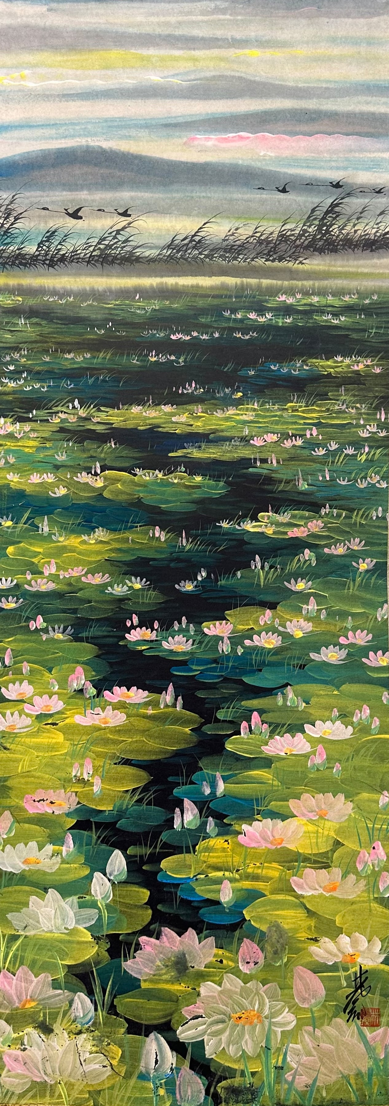 Lin Fengmian mark, Chinese Lotus Pond painting. Ink and Color on Paper, Hanging Scroll: Lin Fengmian mark, Chinese Lotus Pond painting. Ink and Color on Paper, Hanging Scroll (114 x 40cm)