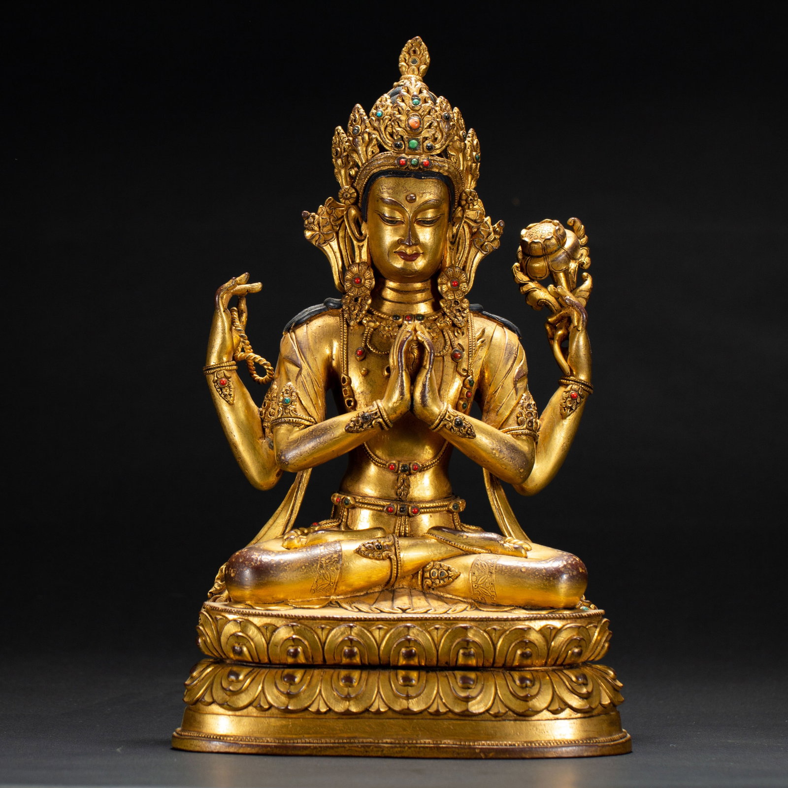 A Chinese Gilt Bronze Four-Armed Avalokiteshvara: A Chinese Gilt Bronze Four-Armed Avalokiteshvara (17 x 11 x 27cm,Weight 2790 grams)