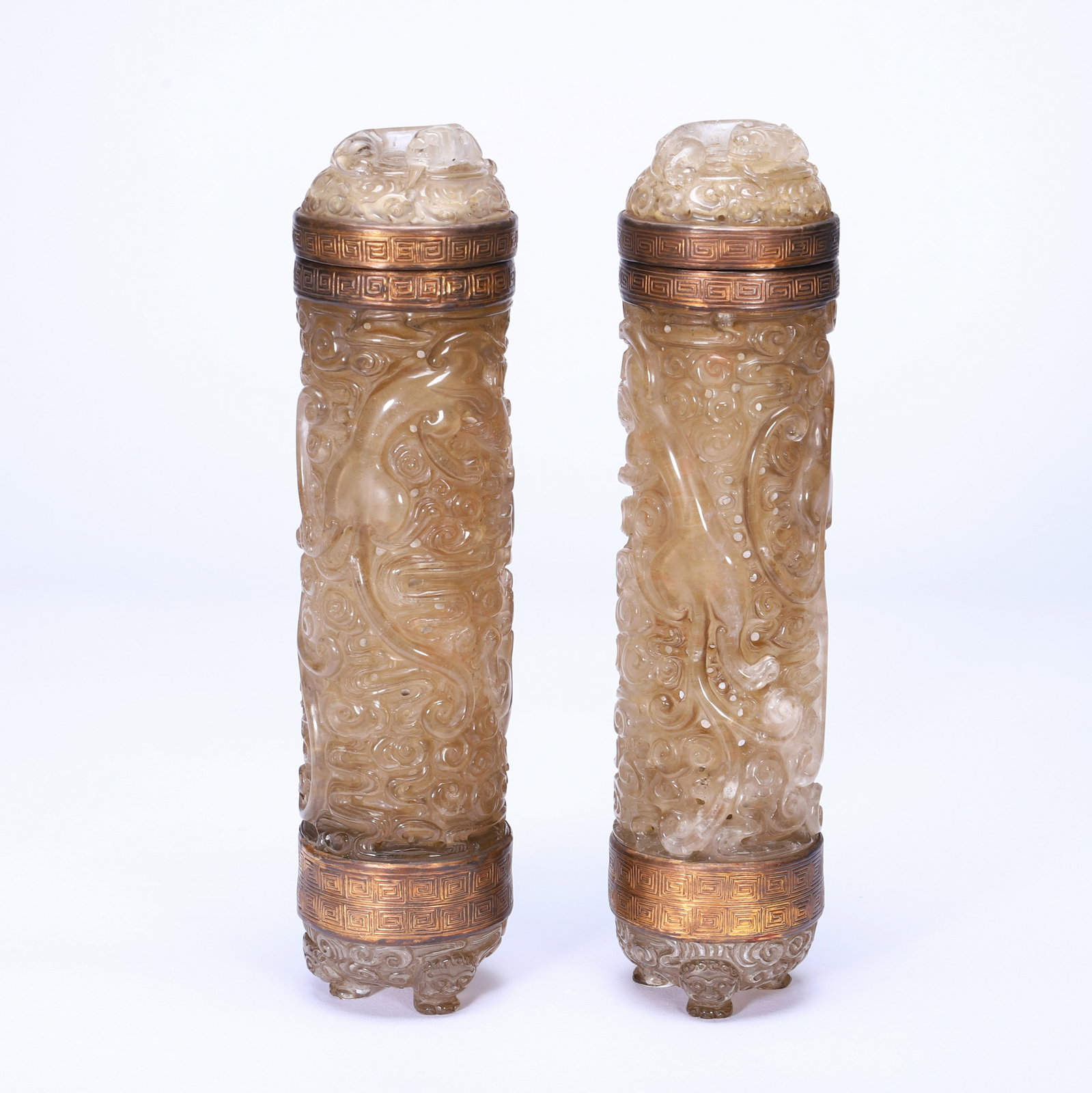 A Pair of Chinese Crystal Dragon-Patterned Incense Tubes: A Pair of Chinese Crystal Dragon-Patterned Incense Tubes (23cm,Weight 1280 grams)