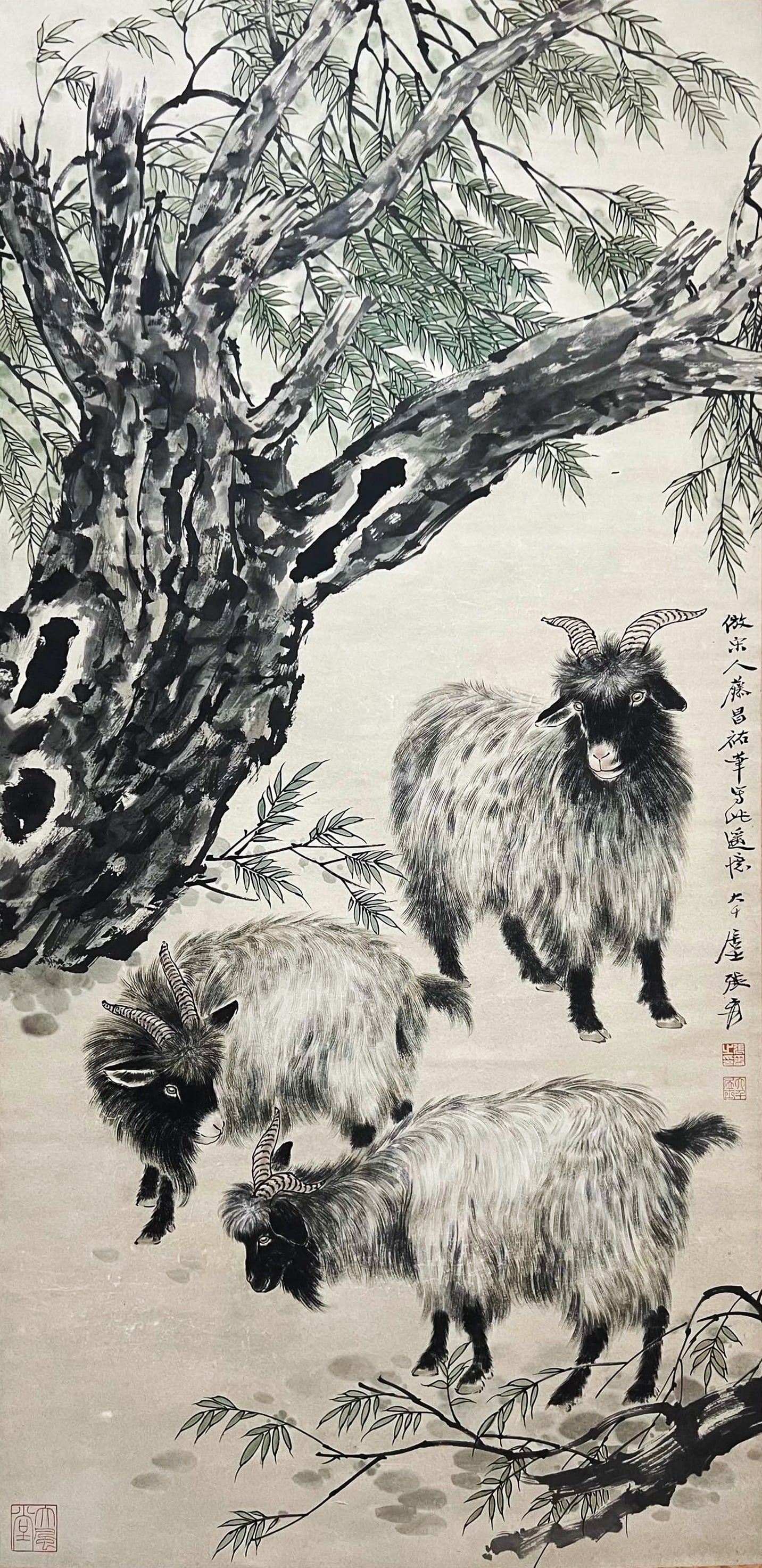 Zhang Daqian mark, Chinese Three Rams painting. Ink and Color on Paper, Hanging Scroll: Zhang Daqian mark, Chinese Three Rams painting. Ink and Color on Paper, Hanging Scroll (136 x 65cm)