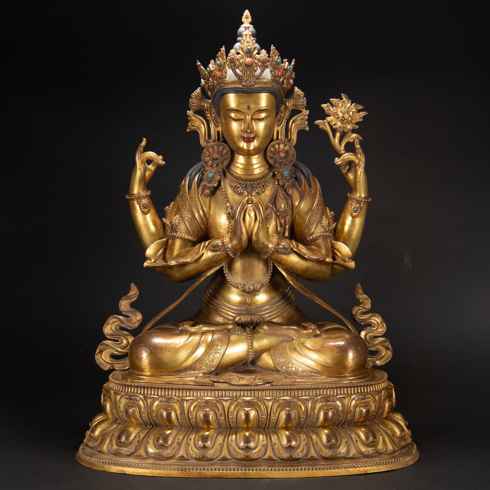 A Chinese Gilt Bronze Four-Arm Buddha: A Chinese Gilt Bronze Four-Arm Buddha (47 x 33 x 61cm,Weight 19080 grams)