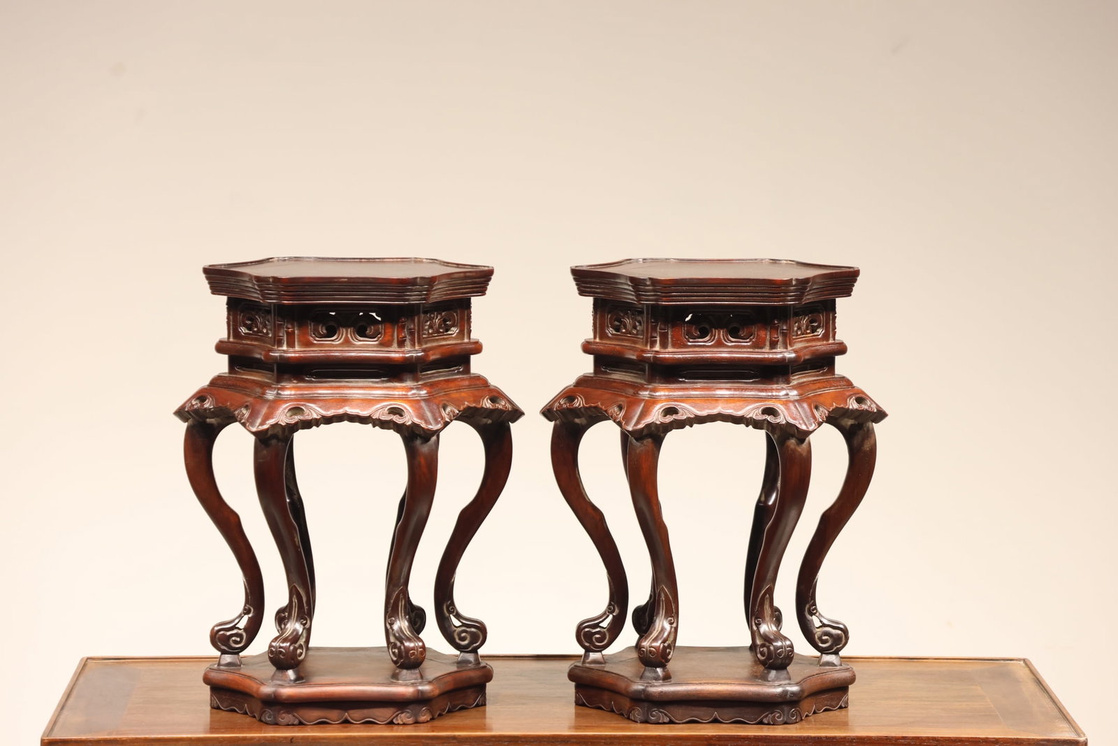 Pair of Huanghuali Wood Carved Flower Pattern Square Table: Pair of Huanghuali Wood Carved Flower Pattern Square Table ?38 x 25cm?