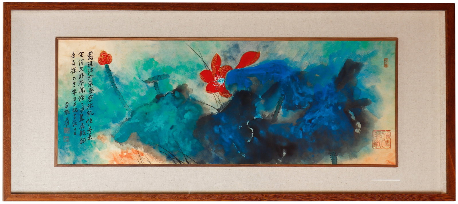Chinese Drawing Colored Lotus Flower Painting Wood Frame,Zhang Daqian Mark: Chinese Drawing Colored Lotus Flower Painting Wood Frame,Zhang Daqian Mark ?123 x 53cm?