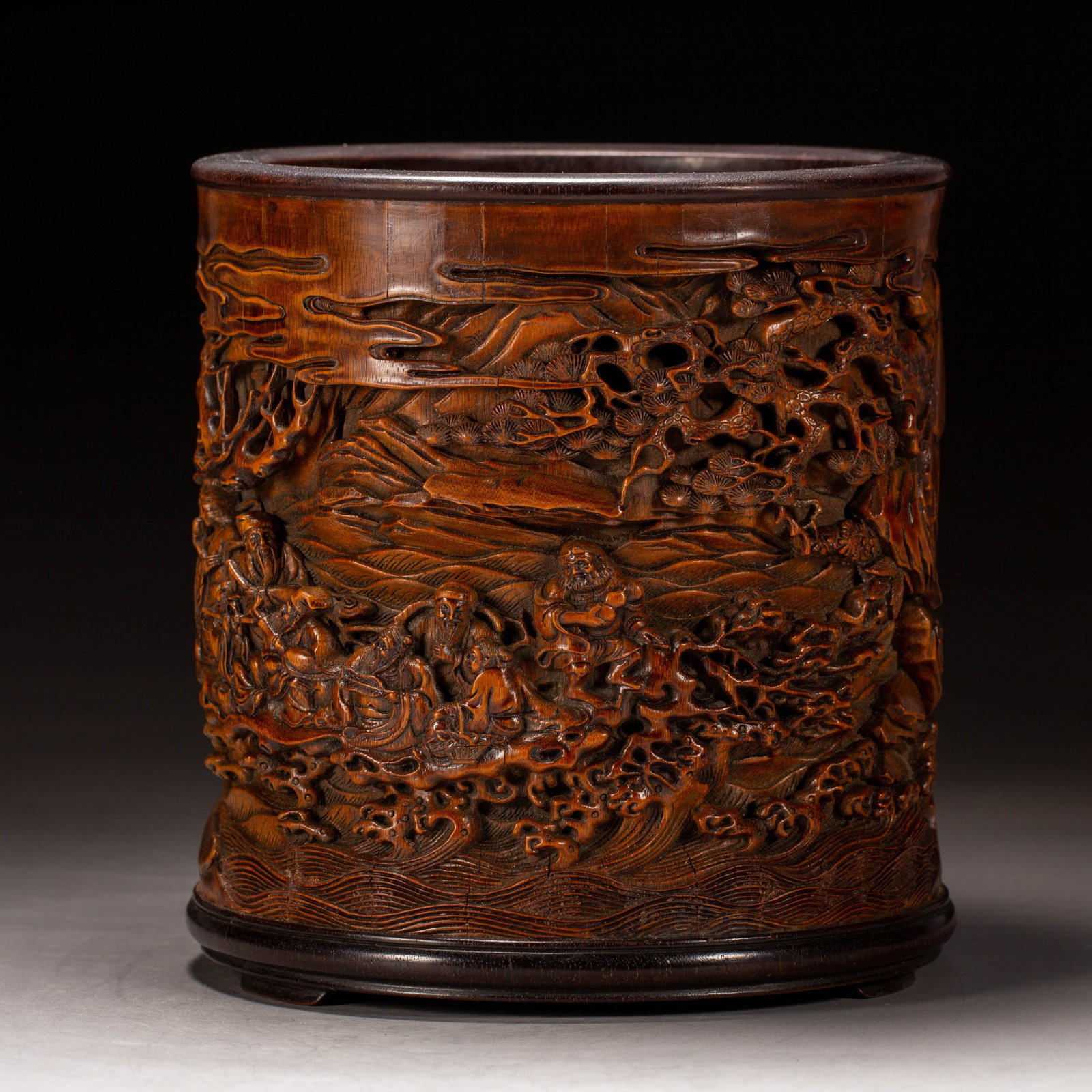 A Chinese Carved Bamboo Figural Brush Pot: A Chinese Carved Bamboo Figural Brush Pot (15 x 15 x 16cm,Weight 690 grams)
