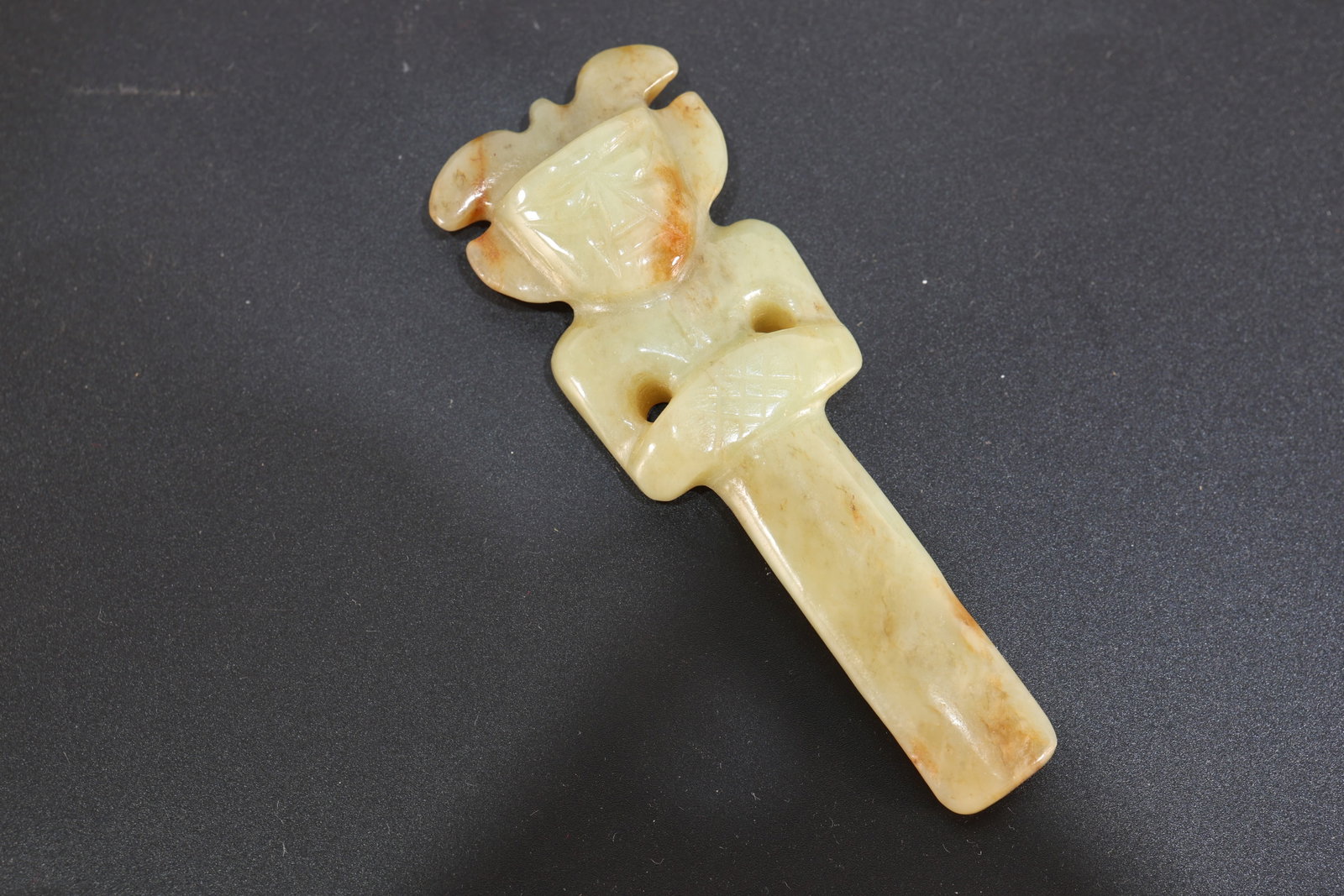 Hongshan Jade Carved Character Shape Bi: Hongshan Jade Carved Character Shape Bi (10.5 x 3.5 x 1.5cm)