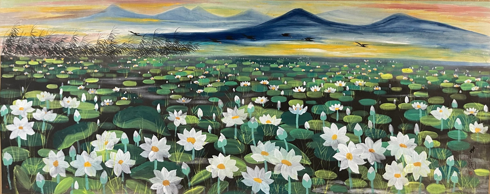 Chinese Drawing Lotus Flower Oil Painting,Lin Fengmian Mark: Chinese Drawing Lotus Flower Oil Painting,Lin Fengmian Mark (140 x 360cm)