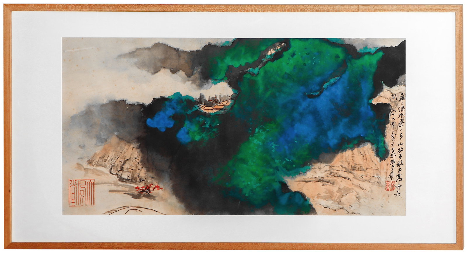 Chinese Drawing Colored Landscape Painting Wood Frame,Zhang Daqian Mark: Chinese Drawing Colored Landscape Painting Wood Frame,Zhang Daqian Mark ?123 x 63cm?