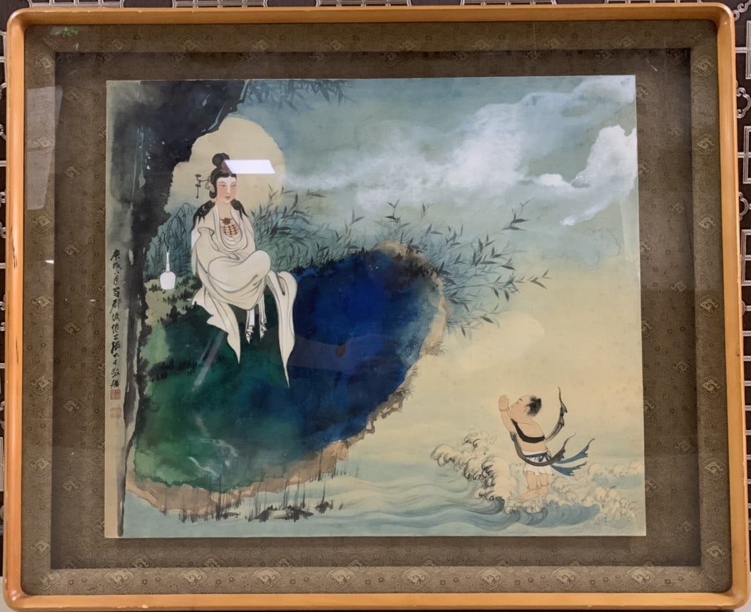 Chinese Drawing Colored GuanYin and Child Painting,Zhang Daqian Mark: Chinese Drawing Colored GuanYin and Child Painting,Zhang Daqian Mark ?55 x 39cm?