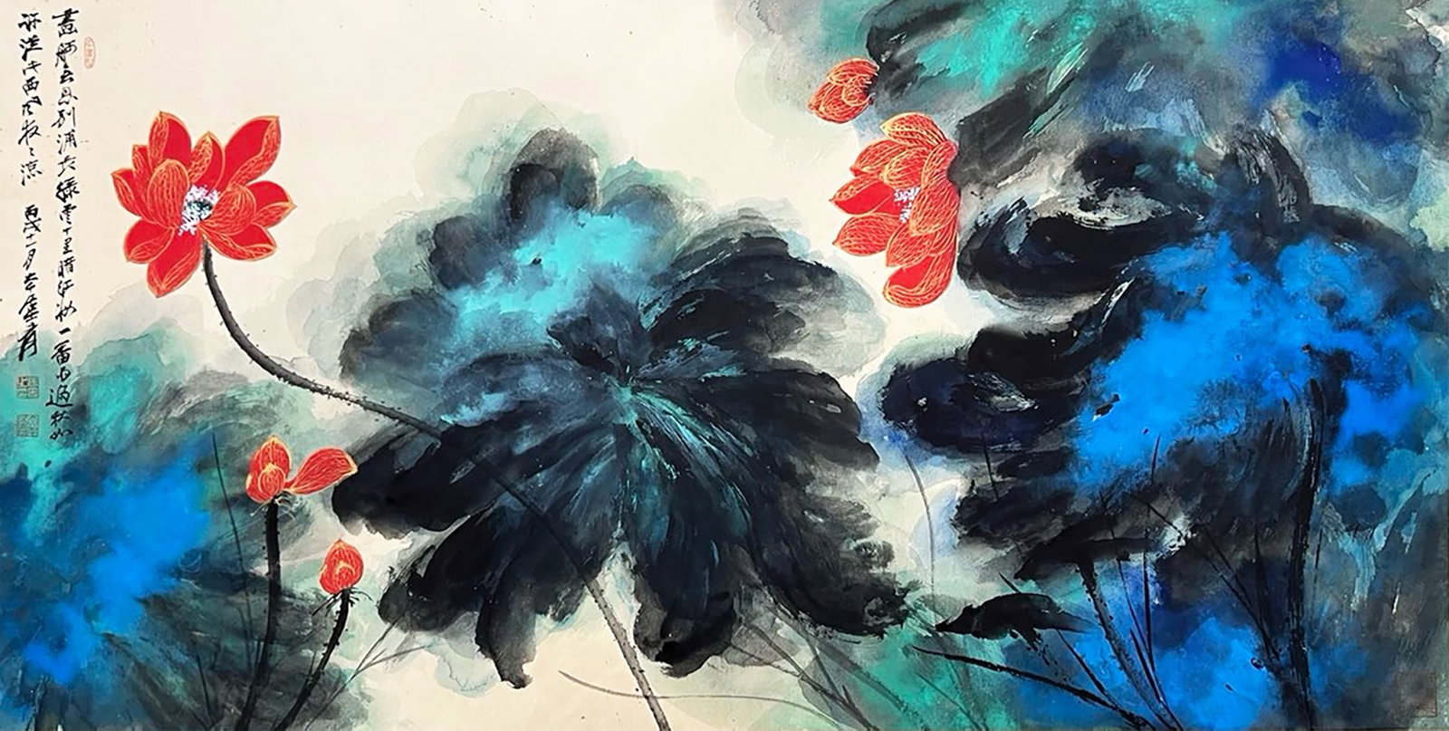 Zhang Daqian mark, Chinese Lotus Pond painting. Ink and Color on Paper, Mounted: Zhang Daqian mark, Chinese Lotus Pond painting. Ink and Color on Paper, Mounted (136 x 70cm)