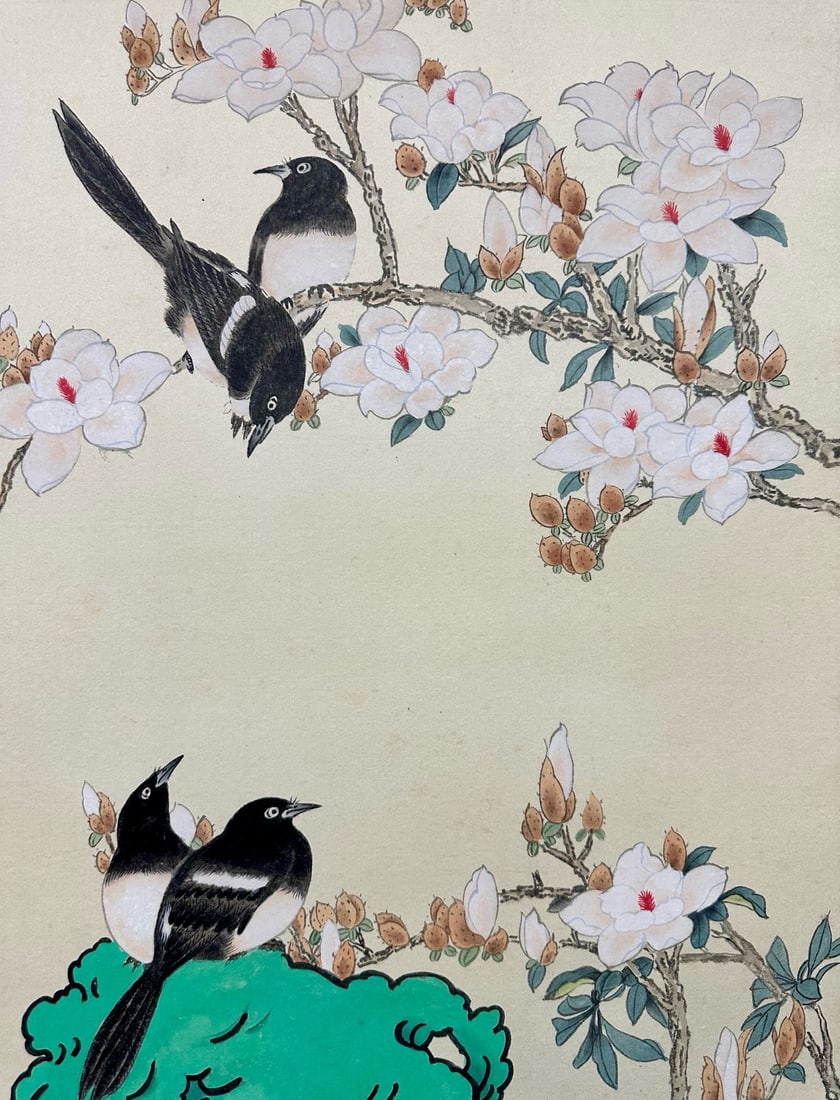Xie Zhiliu mark, Chinese Sparrow and Bamboo painting. Ink and Color on Paper, Hanging Scroll: Xie Zhiliu mark, Chinese Sparrow and Bamboo painting. Ink and Color on Paper, Hanging Scroll (73 x 48cm)