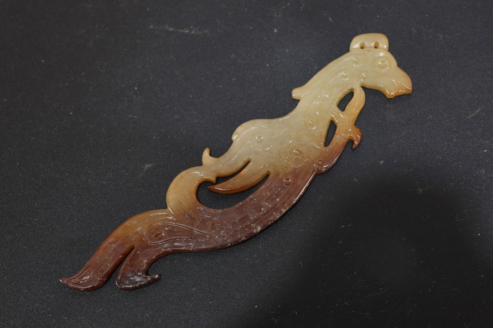 Jade Carved Phoenix Shape Bi: Jade Carved Phoenix Shape Bi (12.5 x 3.2 x 0.4cm)