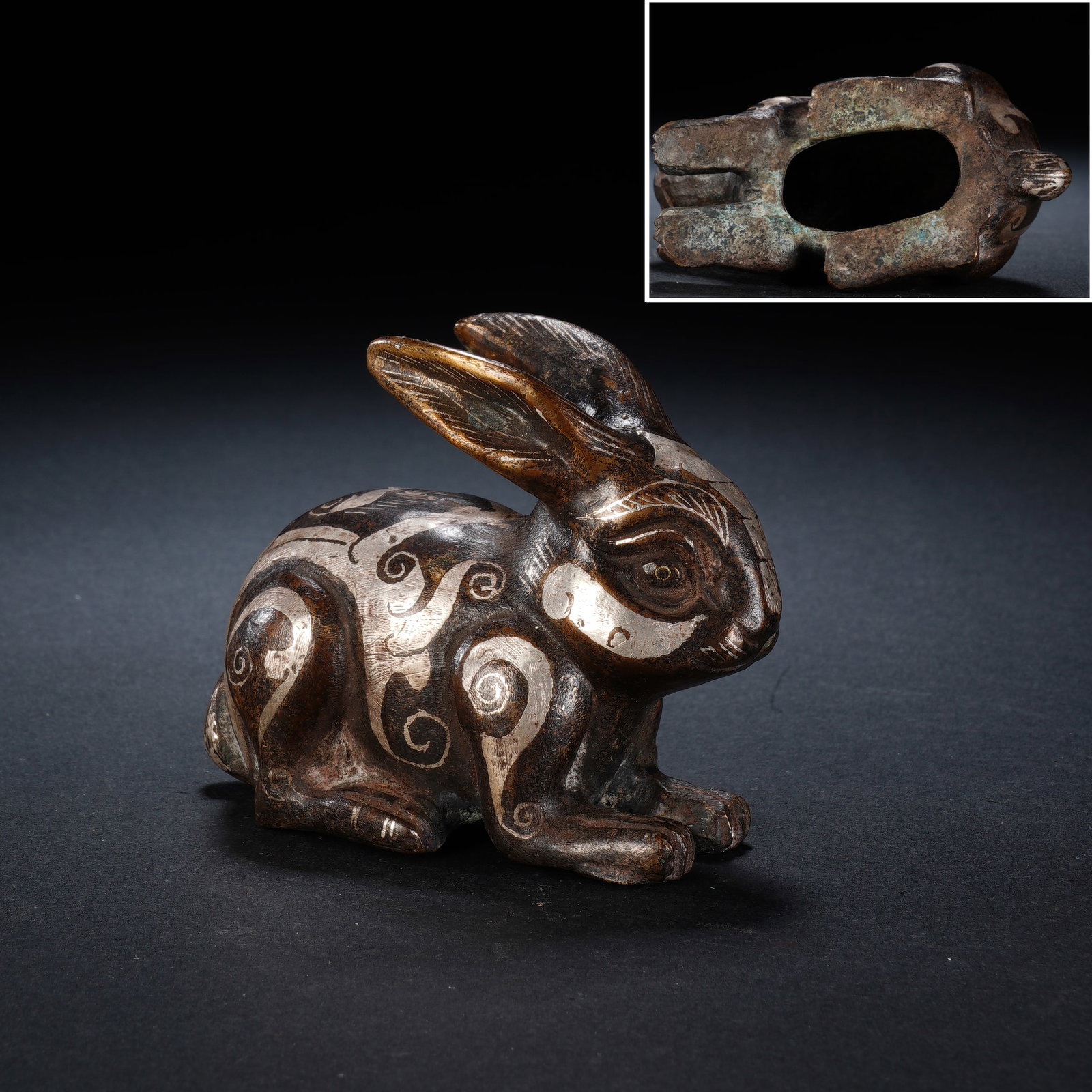 Bronze Inlaid Silver Carved Rabbit Shape Ornament: Bronze Inlaid Silver Carved Rabbit Shape Ornament (7.5 x 3.5 x 6cm,Weight 175g)