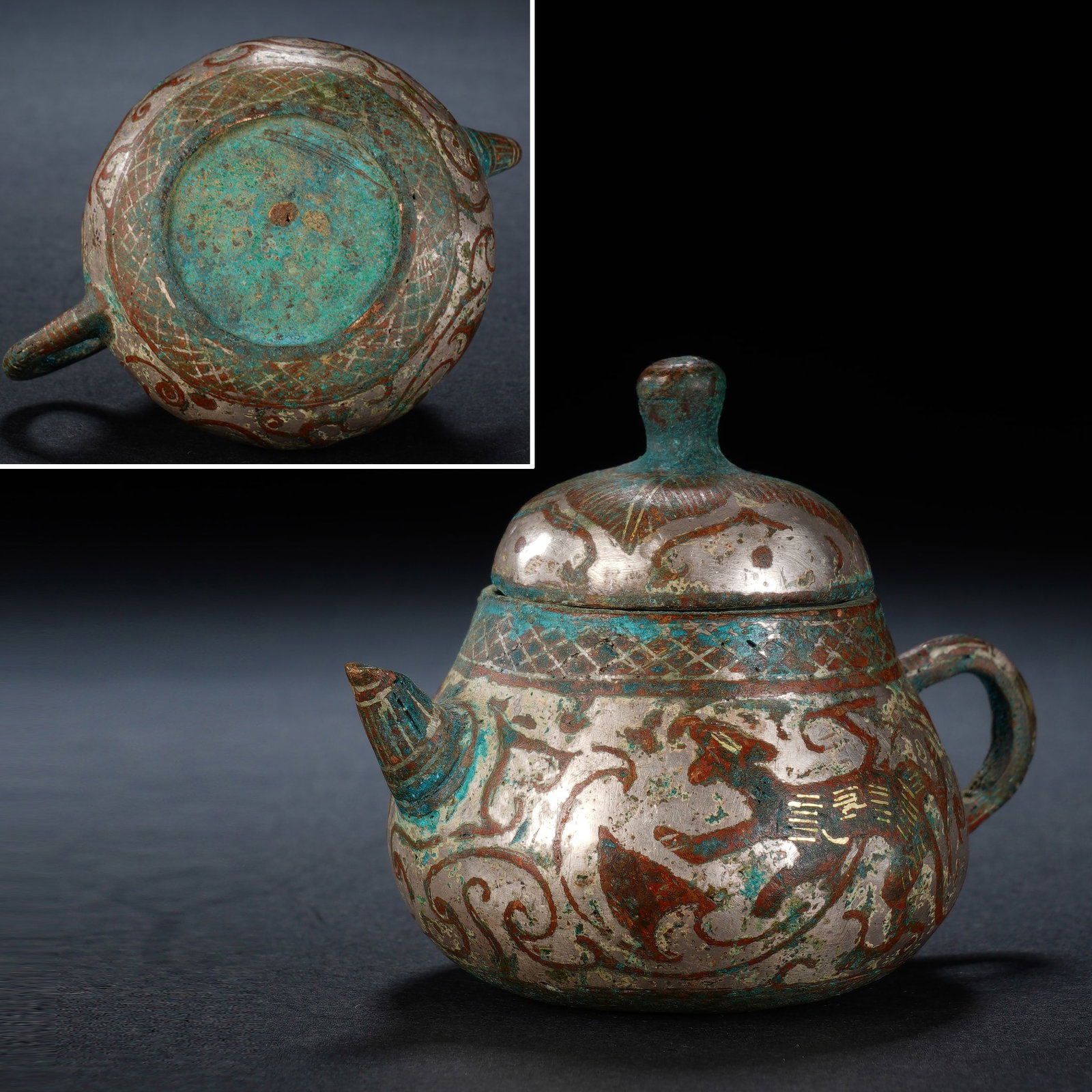 Bronze Gold and Silver Inlaid Carved Beast Pattern Lid Pot: Bronze Gold and Silver Inlaid Carved Beast Pattern Lid Pot (6 x 4 x 5,Weight 99g)