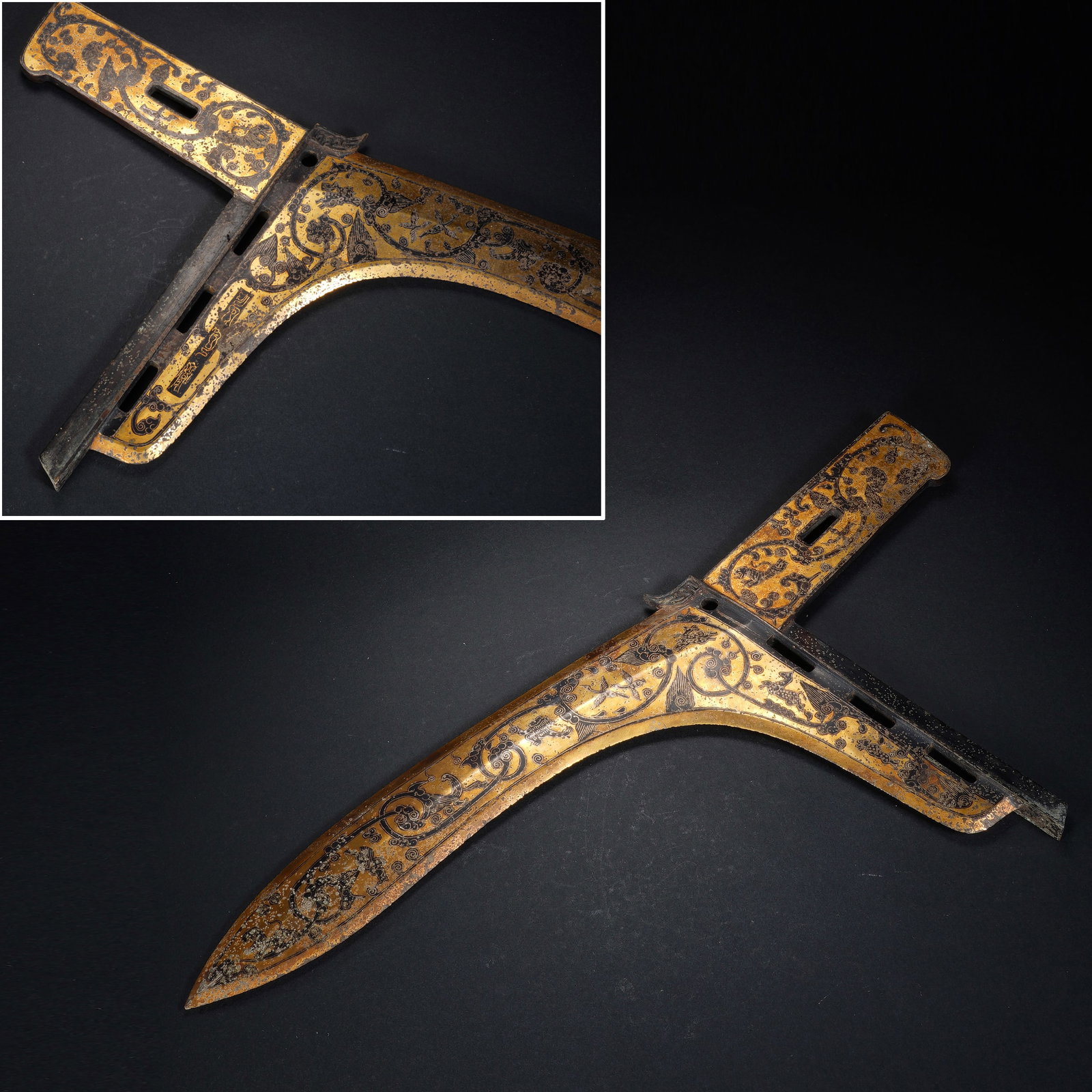 Bronze Gold and Silver Inlaid Carved Dragon Pattern Ge: Bronze Gold and Silver Inlaid Carved Dragon Pattern Ge (34 x 17 x 1cm,Weight 643g)